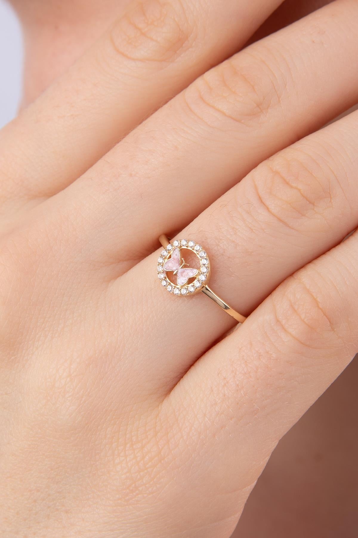 14K Gold Stoned Pink Enamel Butterfly Ring With Stone