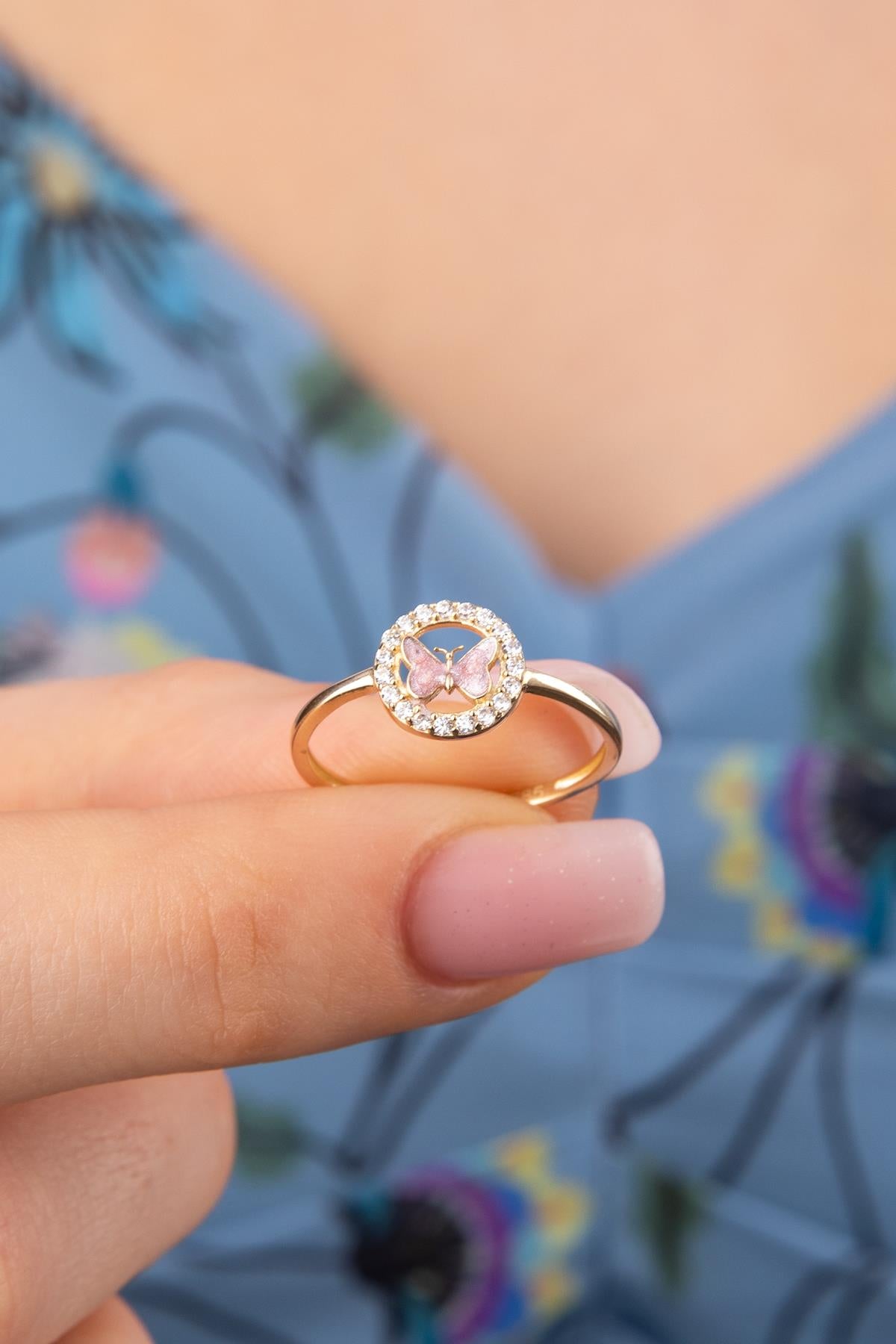 14K Gold Stoned Pink Enamel Butterfly Ring With Stone