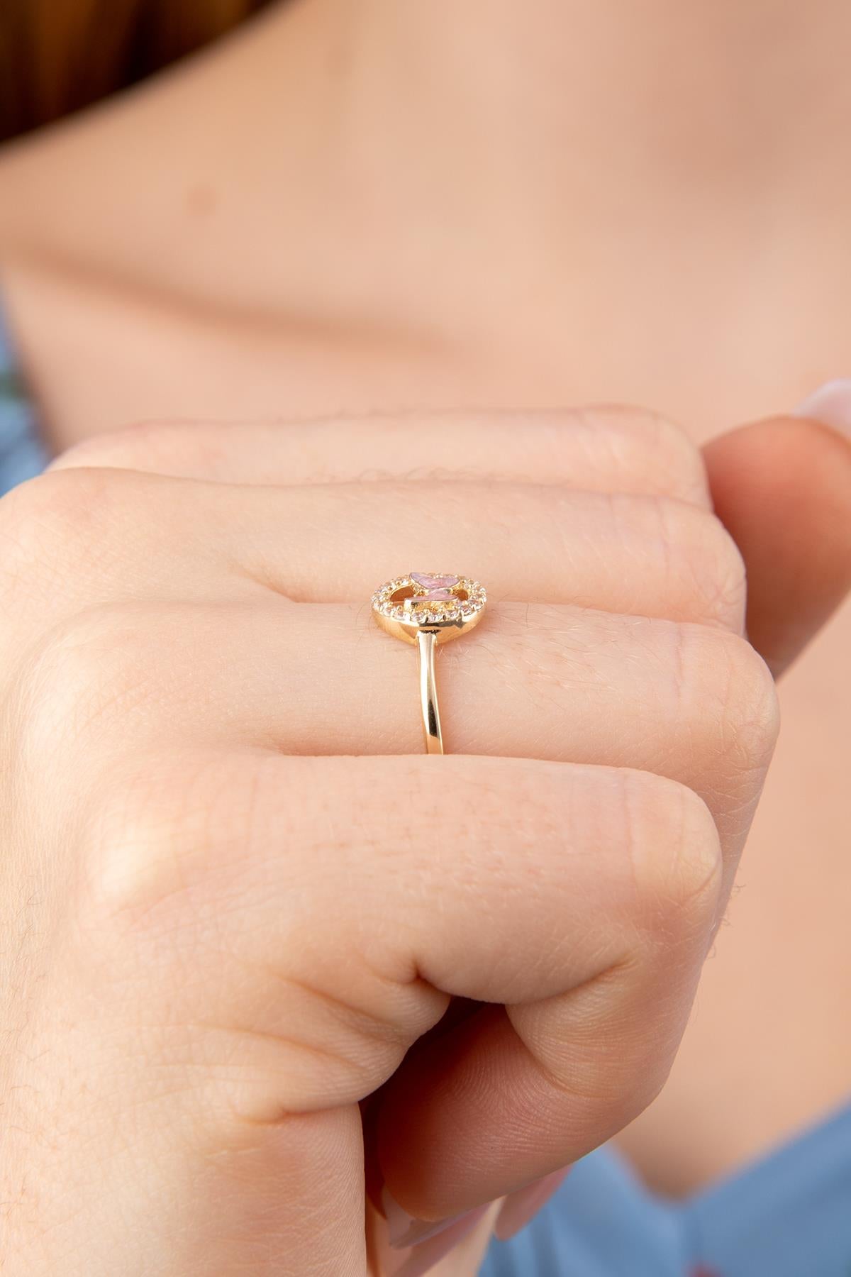 14K Gold Stoned Pink Enamel Butterfly Ring With Stone