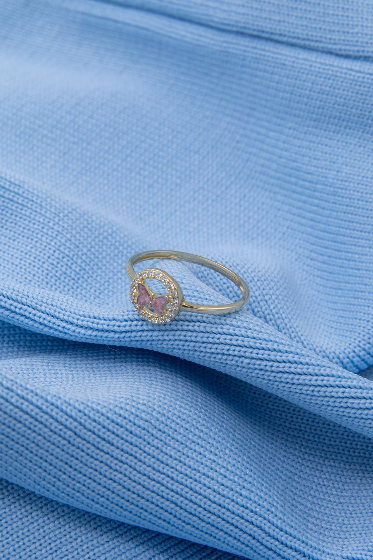 14K Gold Stoned Pink Enamel Butterfly Ring With Stone