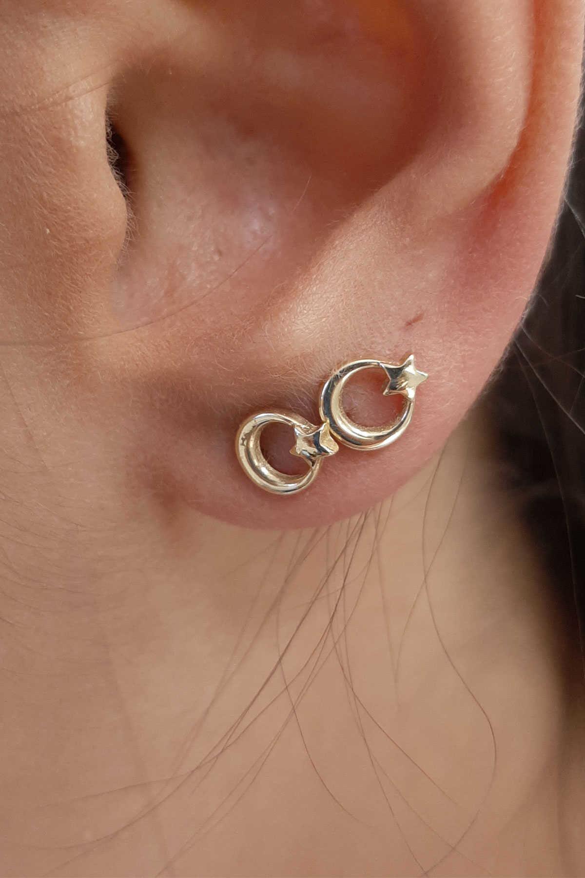 14K Gold Stud Moon Star Earrings