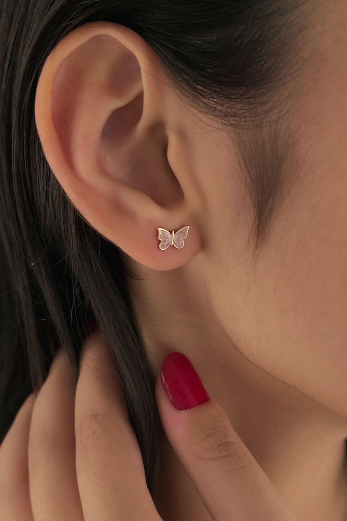 14K Gold Stud Pink Enamel Butterfly Shape Earrings