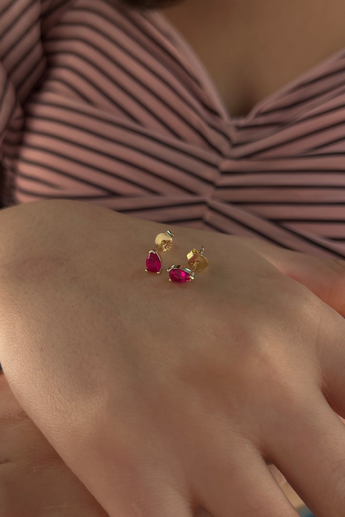 14K Gold Stud Root Ruby Stone Drop Shape Earrings