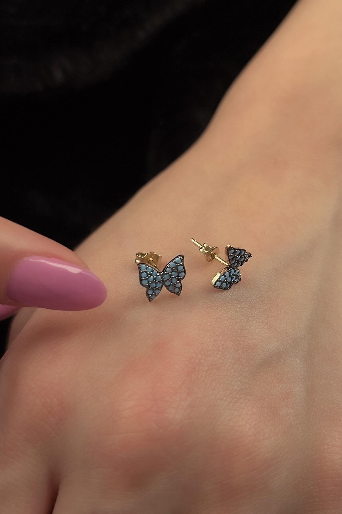 14K Gold Stud Turquoise Stone Butterfly Shape Earrings