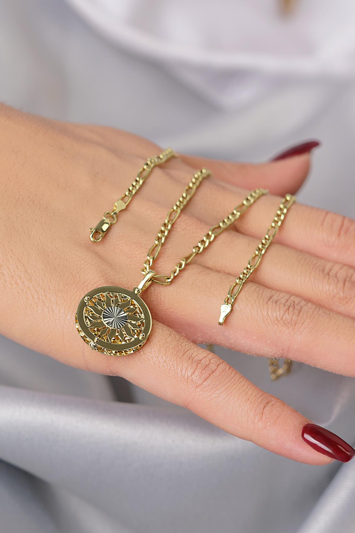 14K Gold Sun Charm on Figaro Link Chain