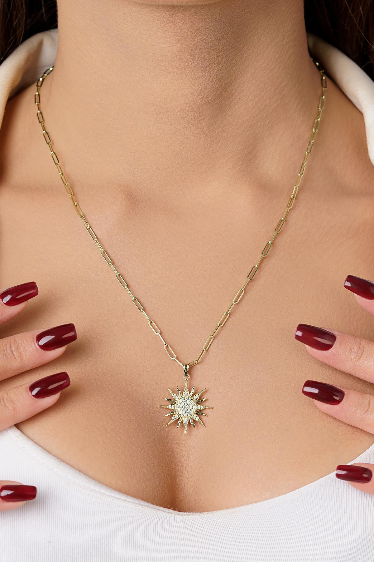 14K Gold Sun Medallion on Paperclip Chain