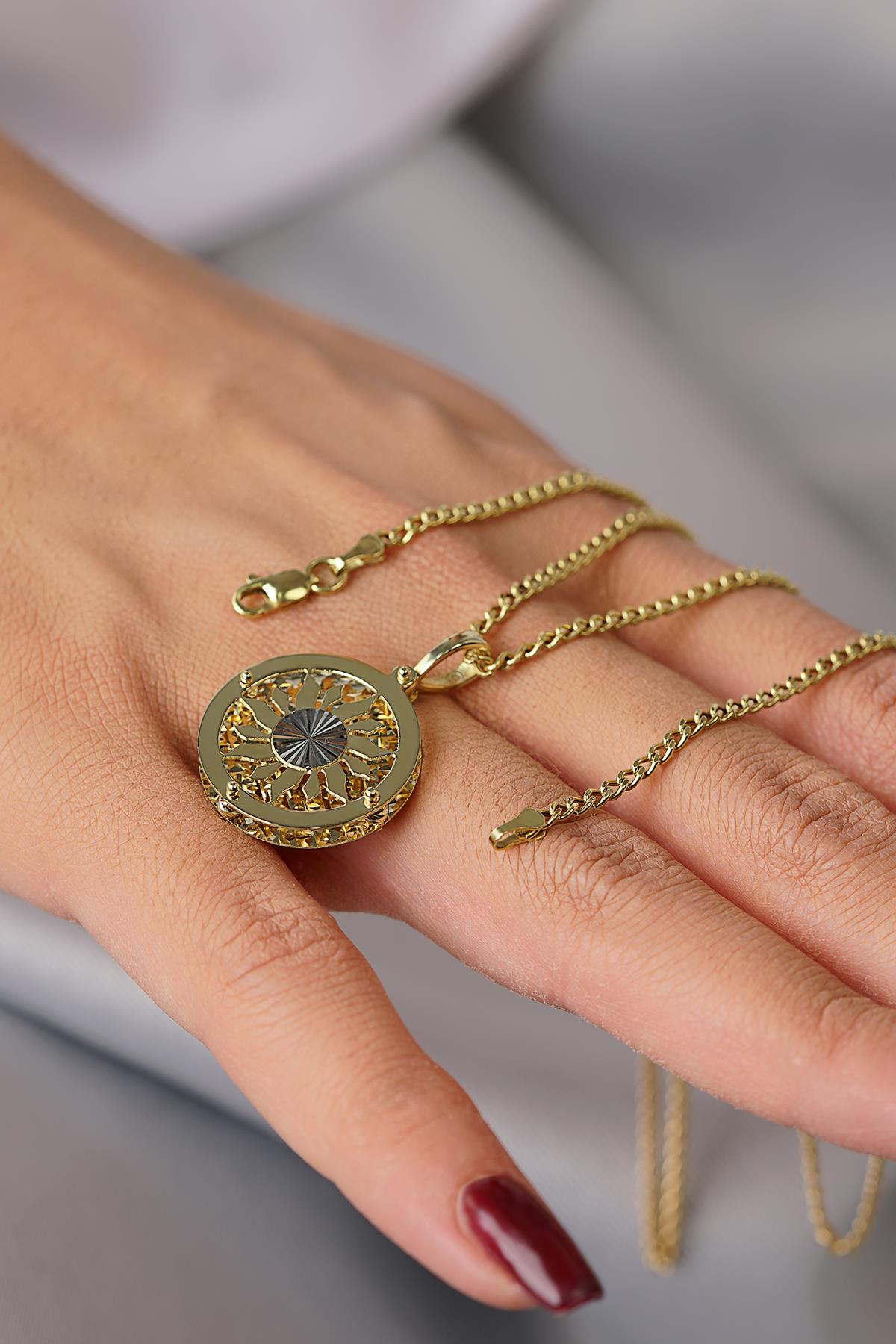 14K Gold Sun Pendant on Curb Chain