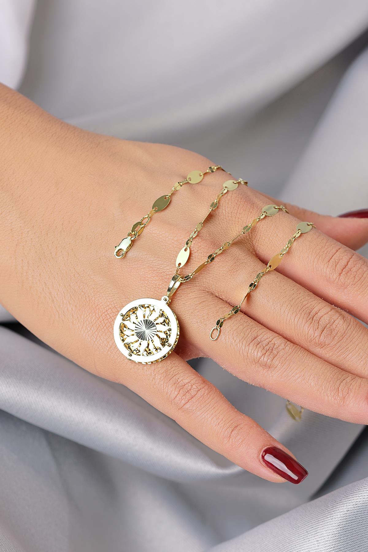 14K Gold Sunburst Charm on Bold Mirror Link