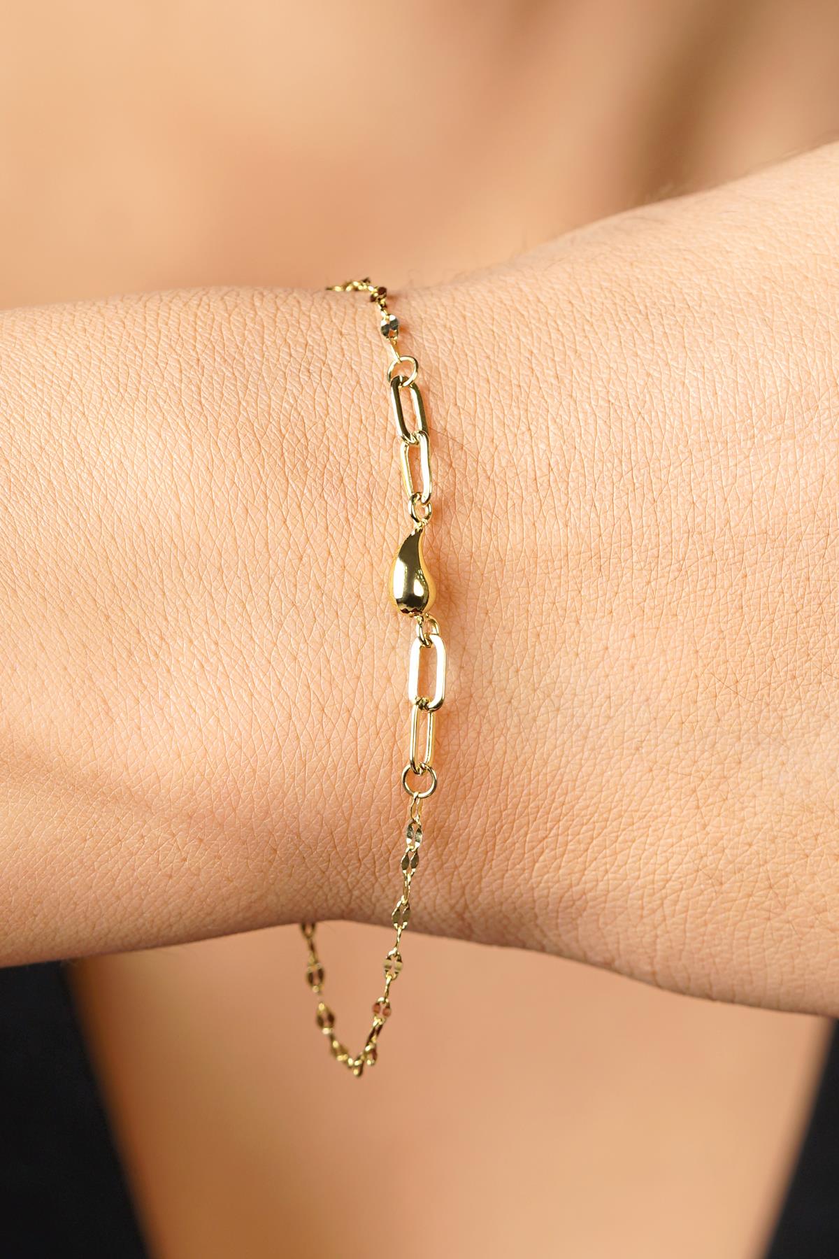 14K Gold Teardrop Charm Mirror Bracelet