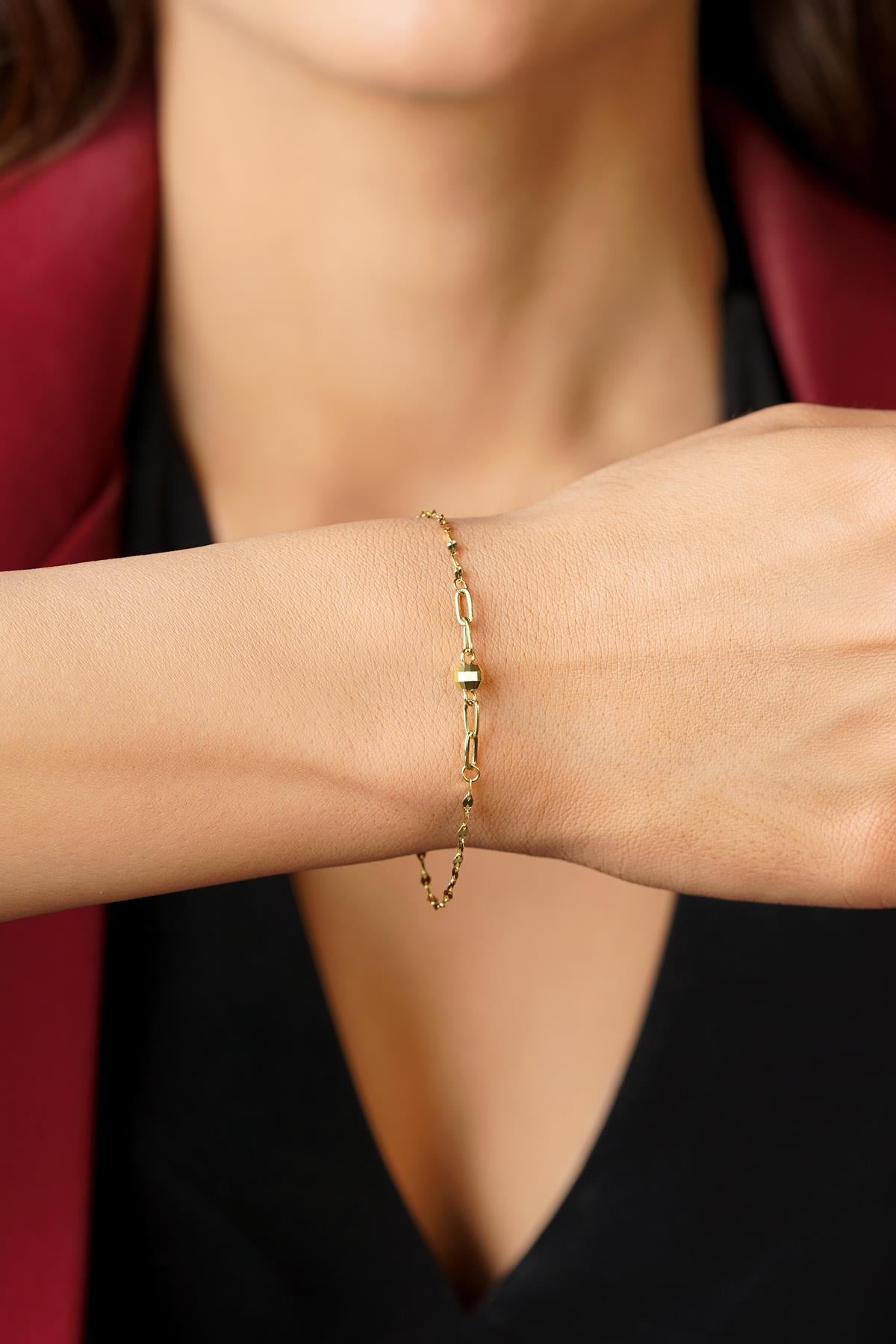 14K Gold Textured Bead Mirror Bracelet