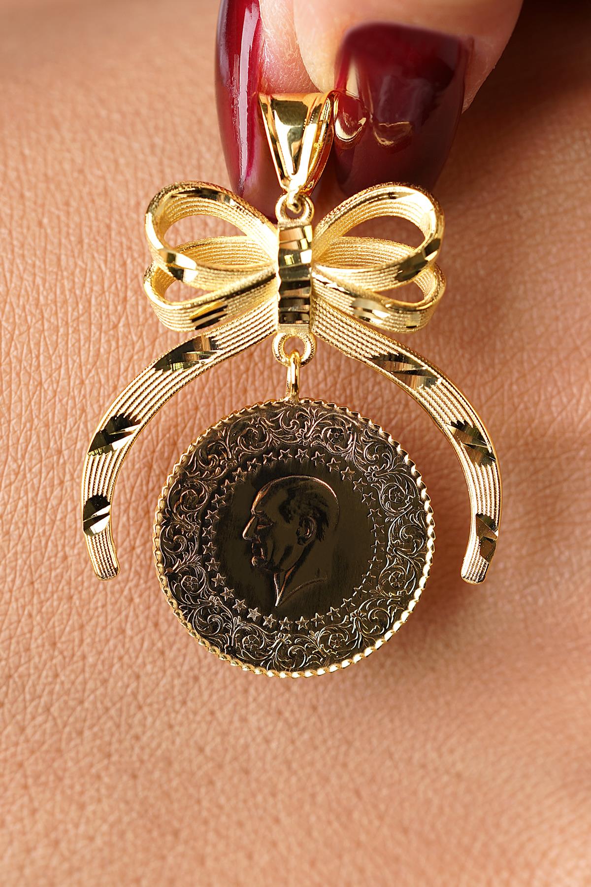 14K Solid Gold Textured Bow Coin Pendant