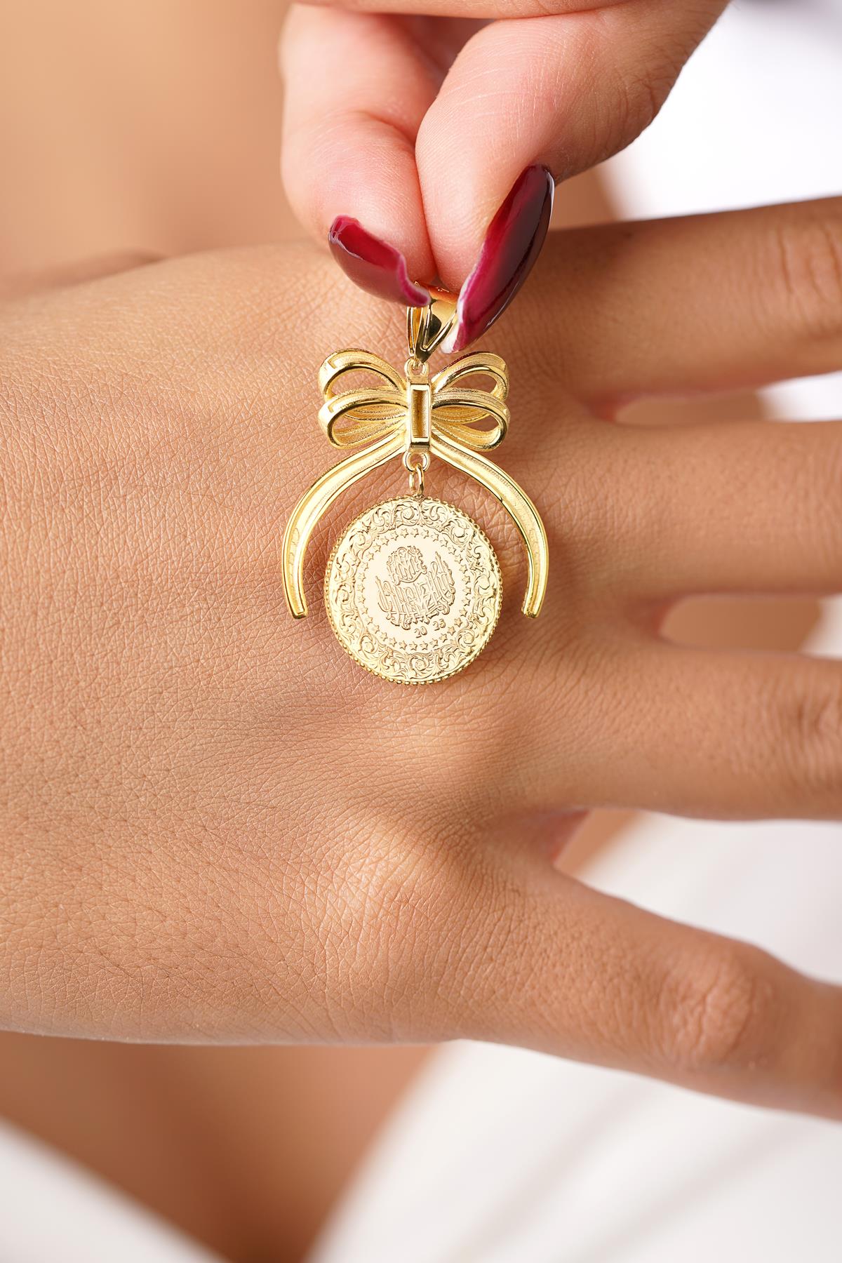 14K Solid Gold Textured Bow Coin Pendant
