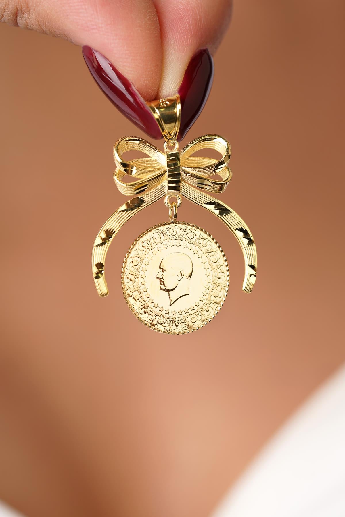 14K Gold Textured Bow Coin Pendant