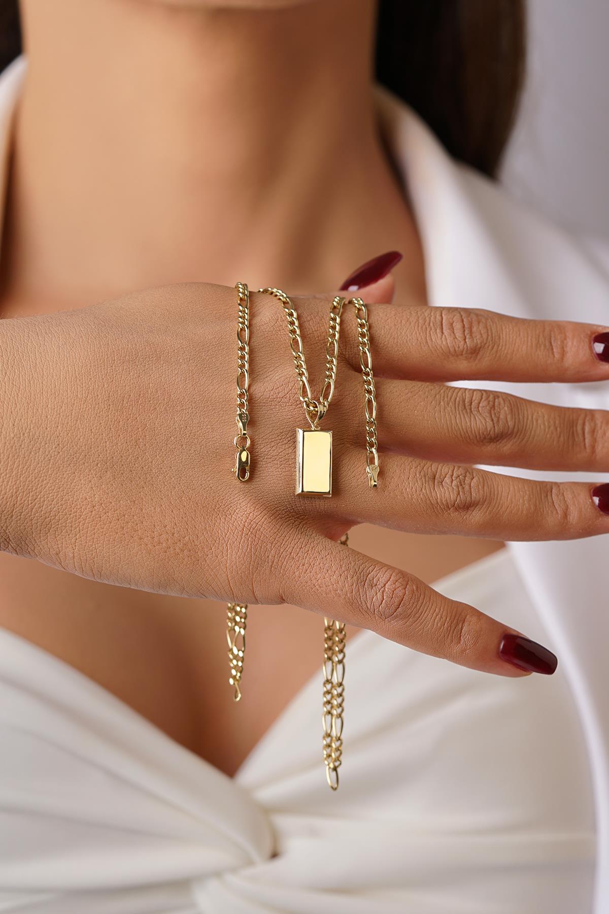 14K Gold Tiny Ingot Charm on Figaro Chain