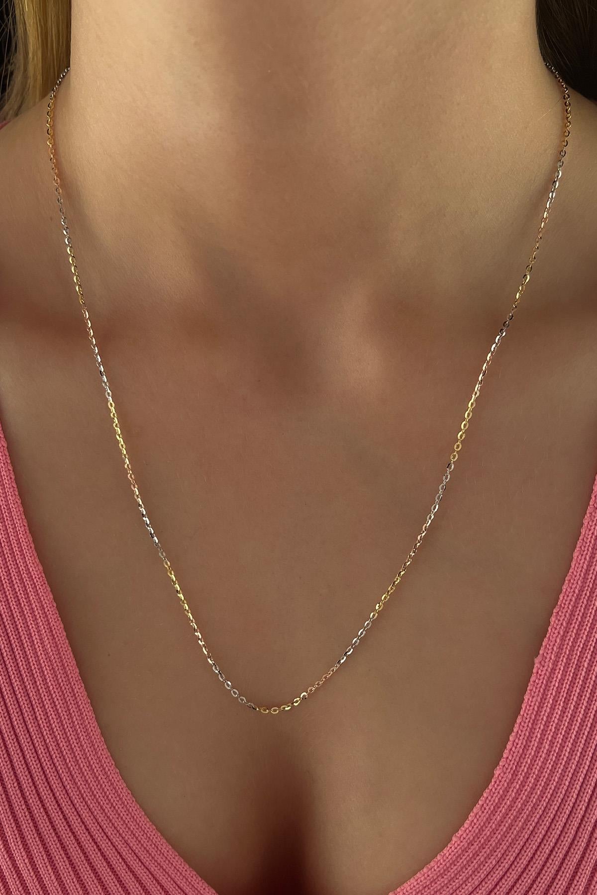 14K Gold Tri_Color Cut Solid Anchor Chain