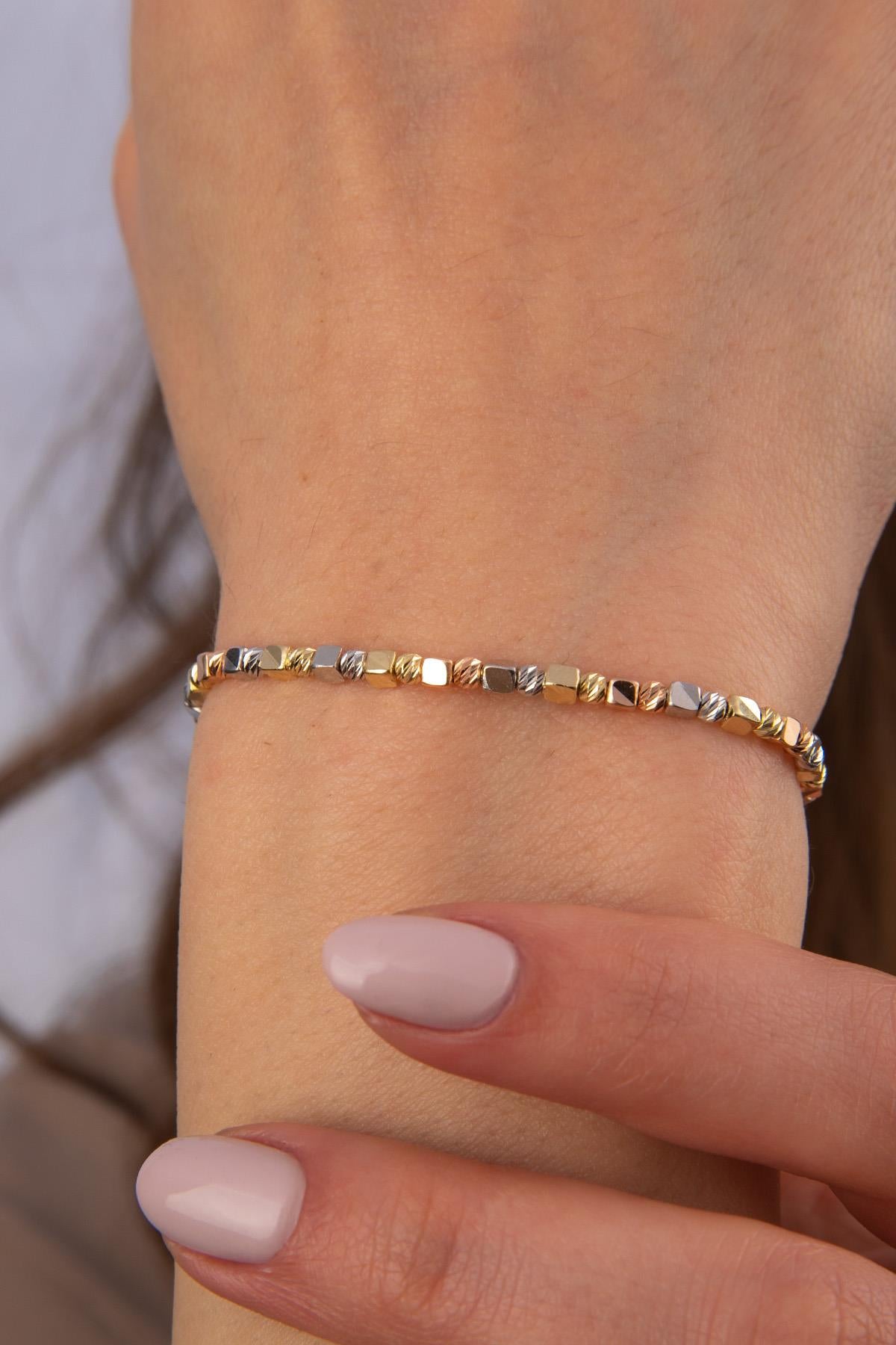 14K Gold Tri Color Diamond Cut Ball & Cube Bracelet