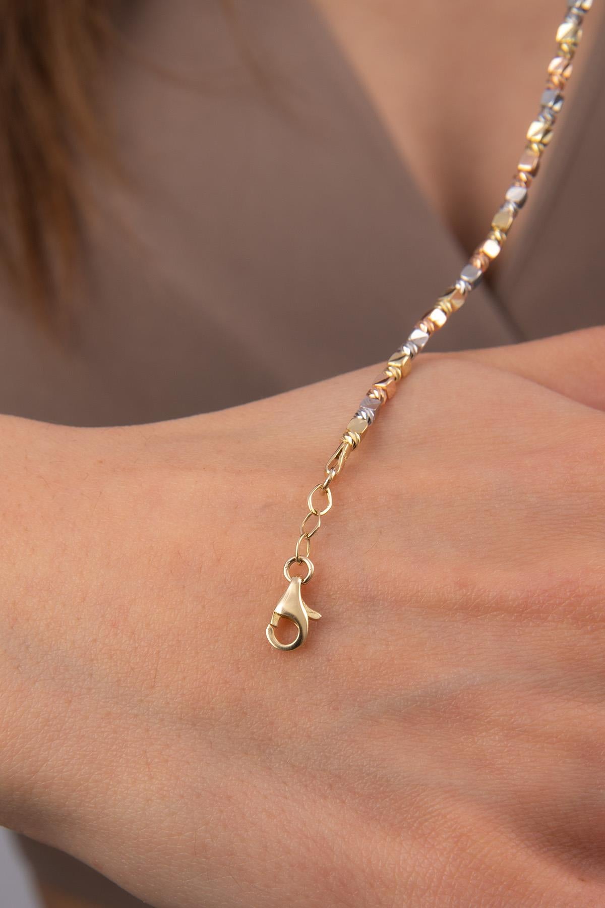 14K Gold Tri Color Diamond Cut Ball & Cube Bracelet