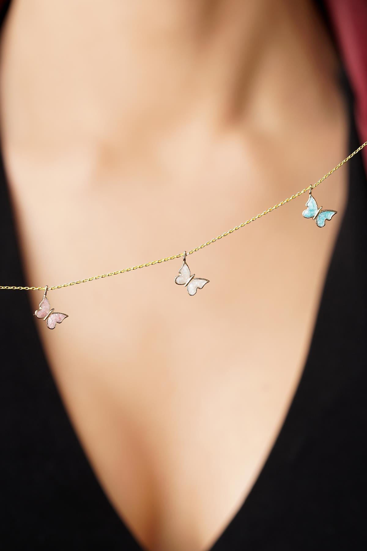 14K Gold Triple Enamel Butterflies Necklace