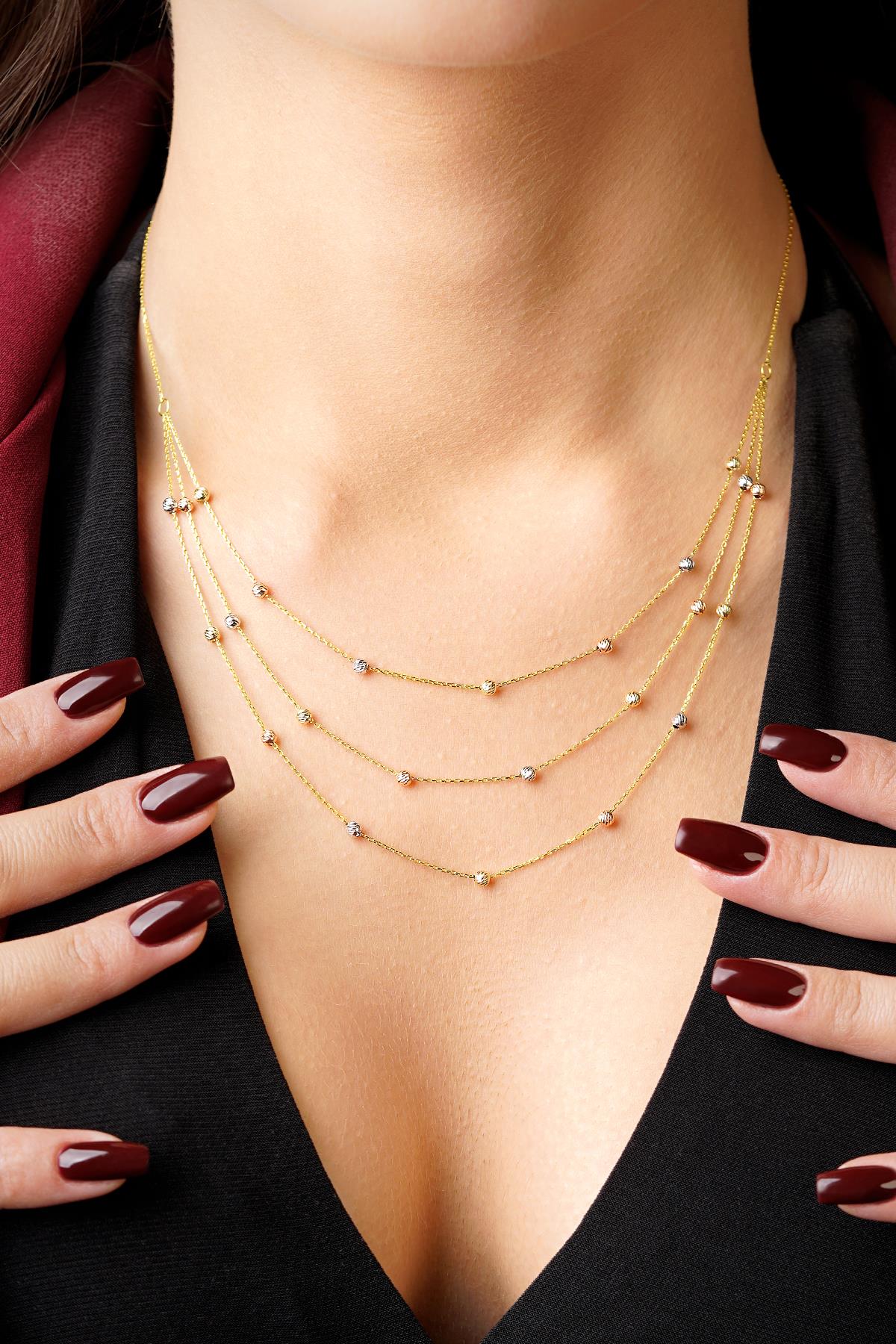 14K Gold Triple Layer Dıamond Cut Ball Necklace