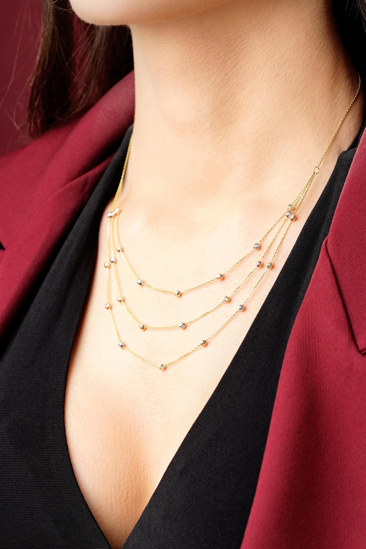 14K Gold Triple Layer Dıamond Cut Ball Necklace