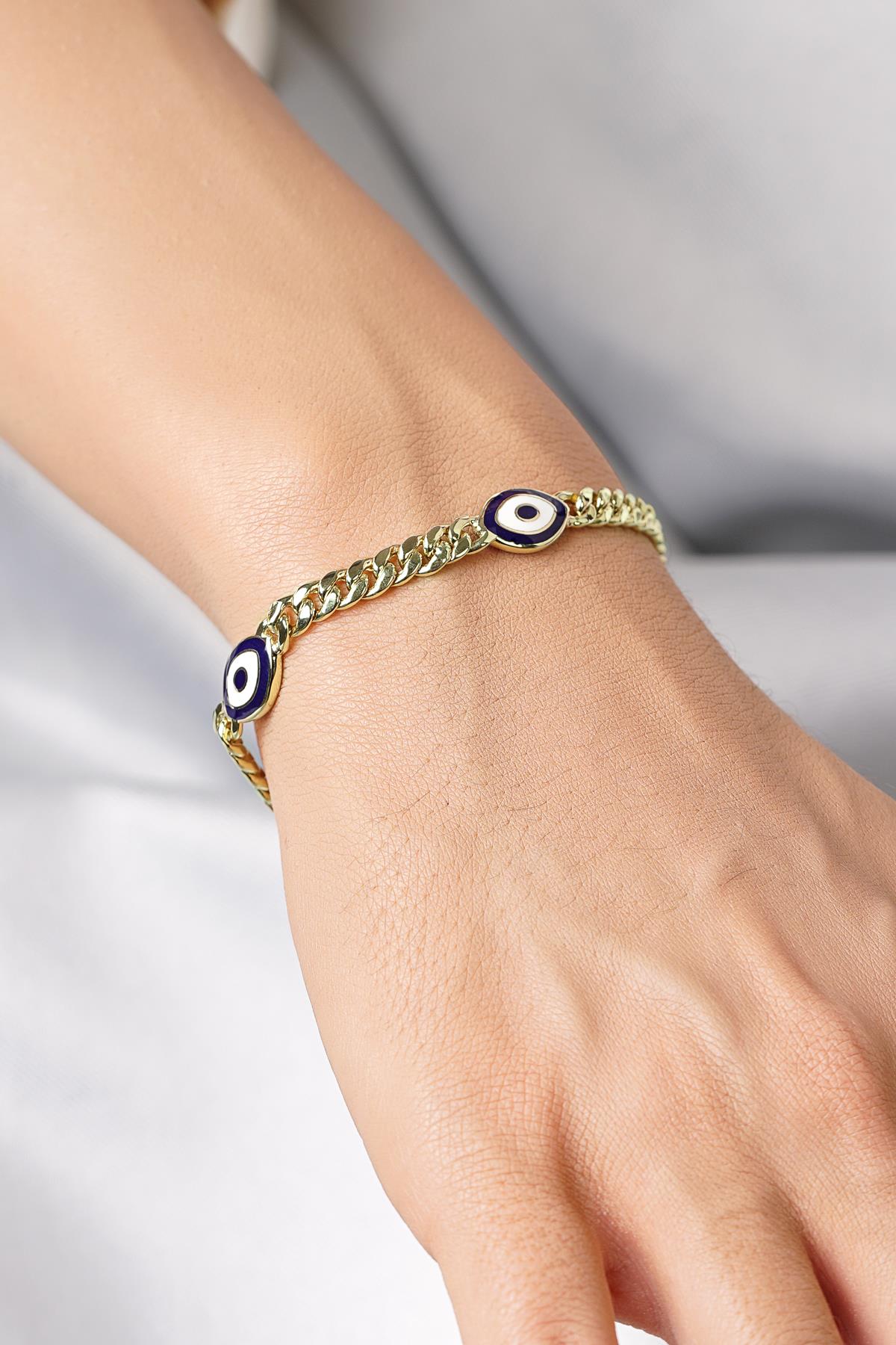 14K Gold Triple Navy Eye Curb Bracelet