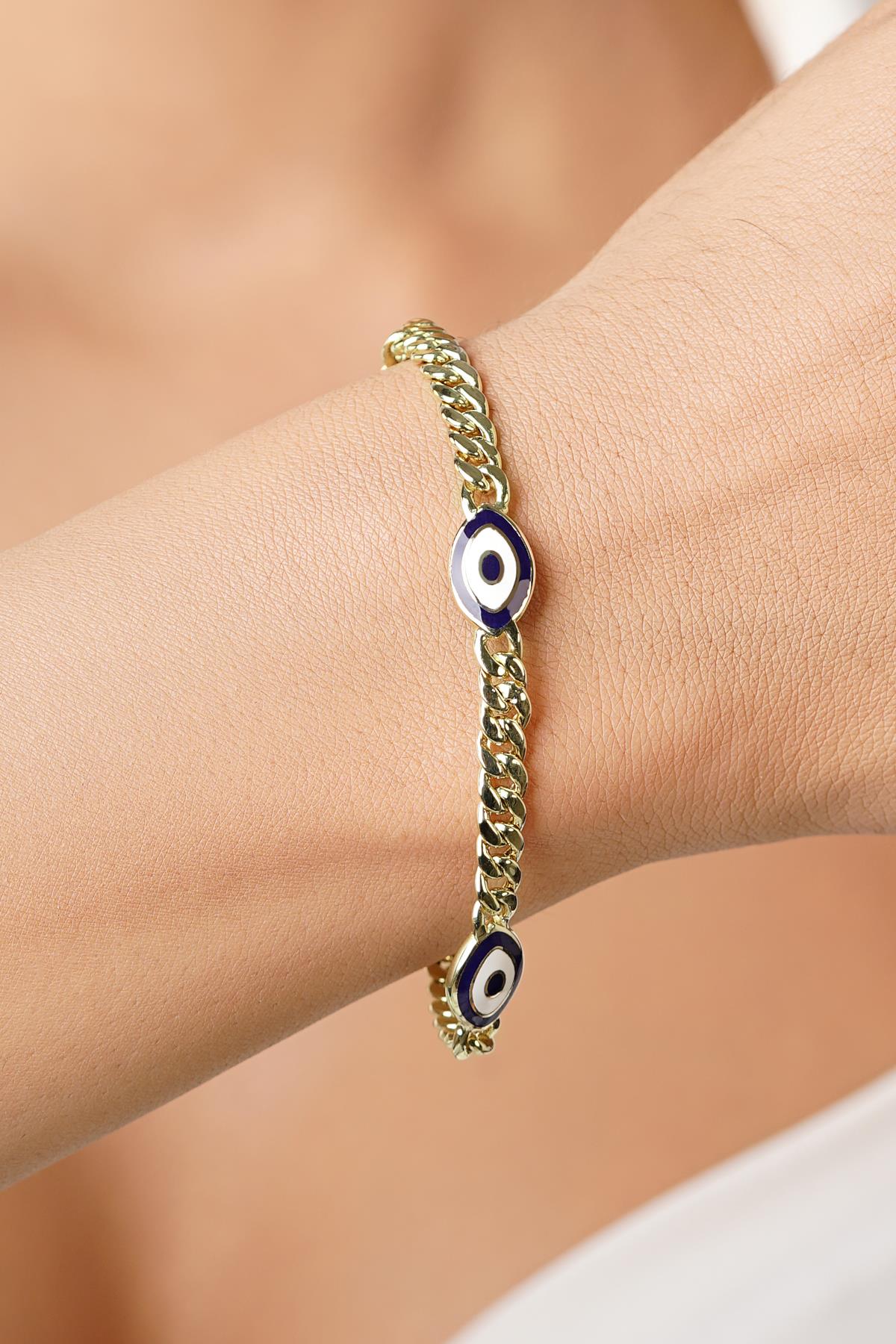 14K Gold Triple Navy Eye Curb Bracelet