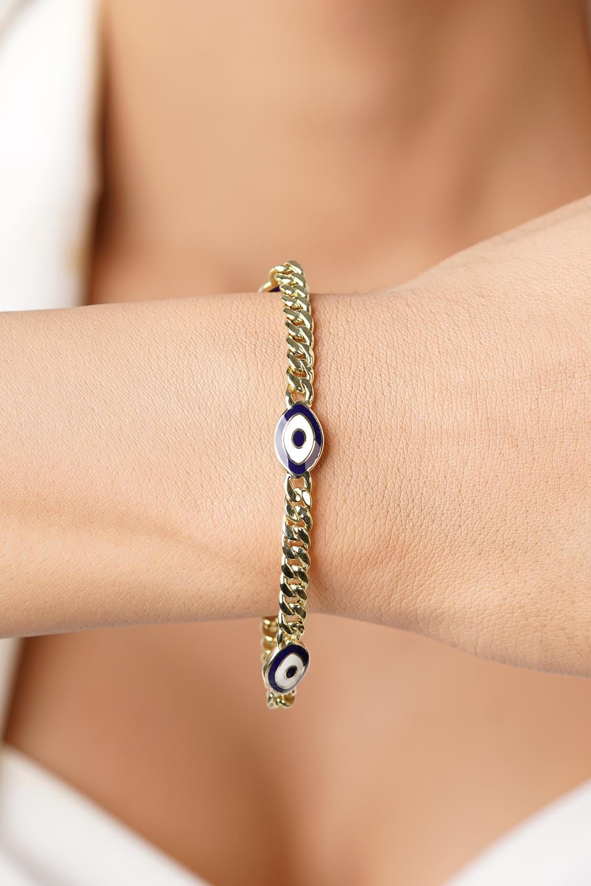 14K Gold Triple Navy Eye Curb Bracelet