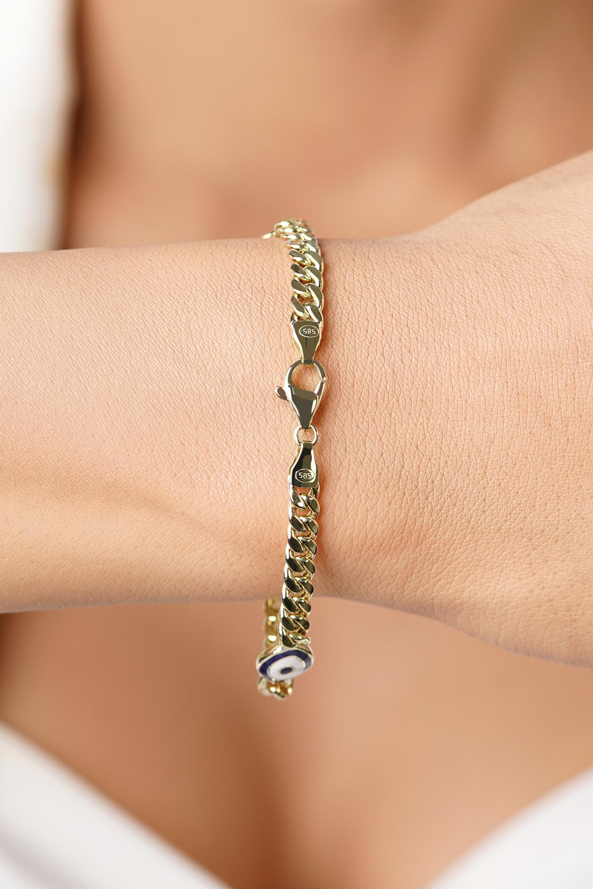 14K Gold Triple Navy Eye Curb Bracelet