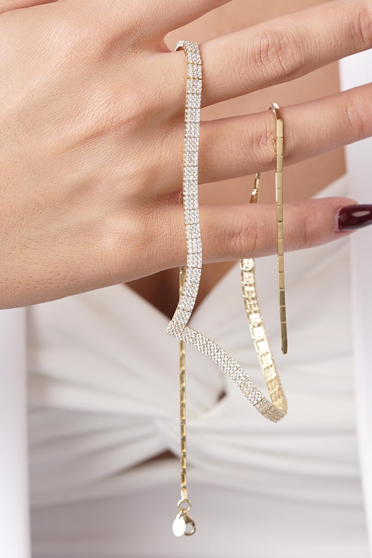 14K Gold Triple Row Tennis Necklace