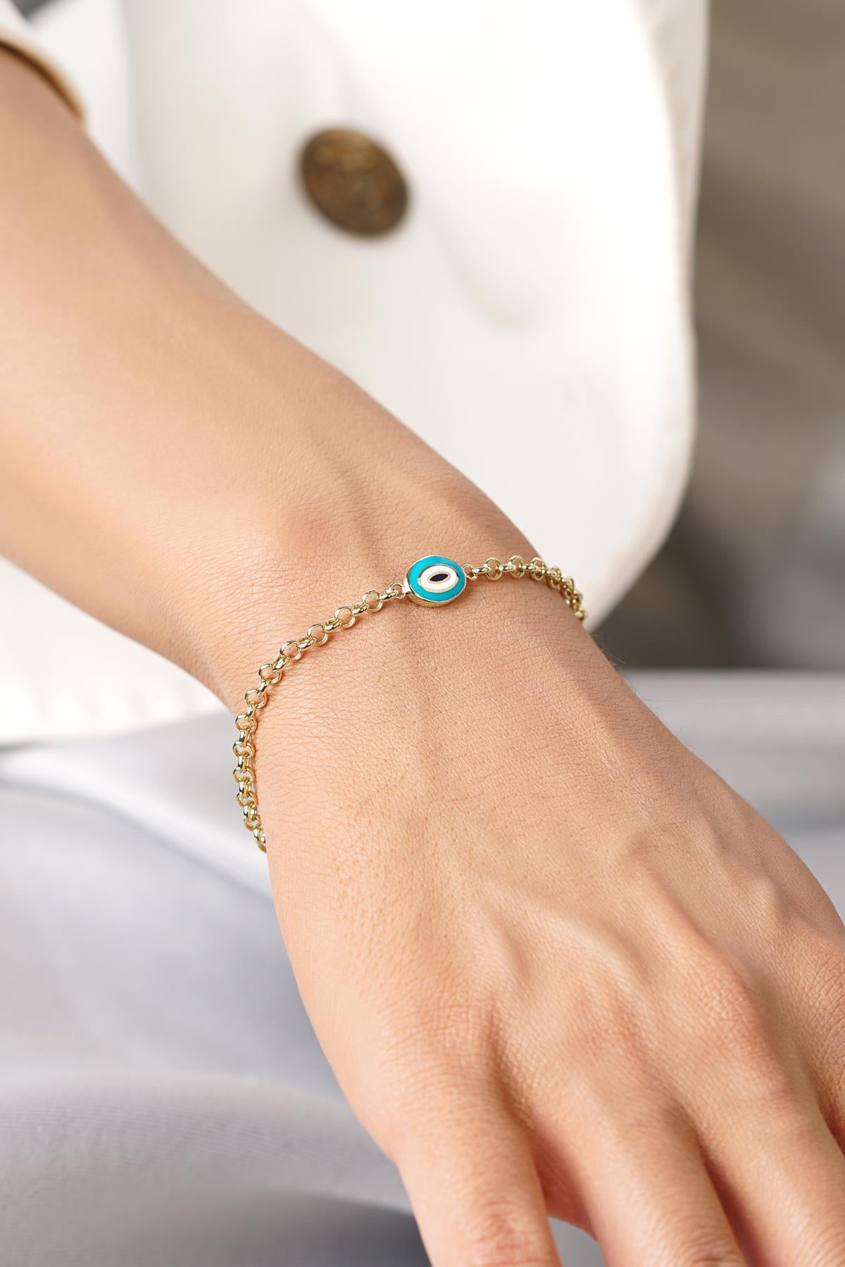 14K Gold Turquoise Enamel Evil Eye Bracelet