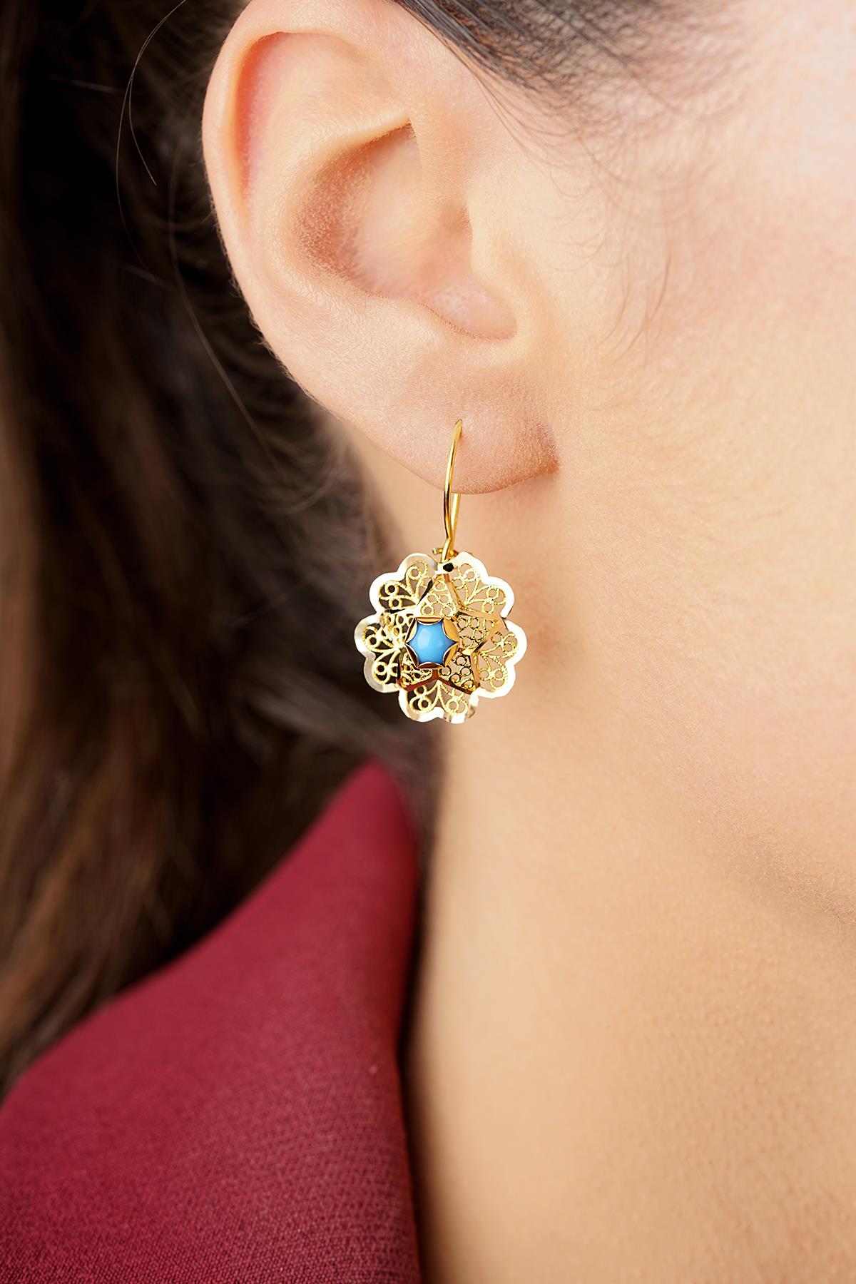 14K Gold Turquoise Filigree Rose Mother's Earrings