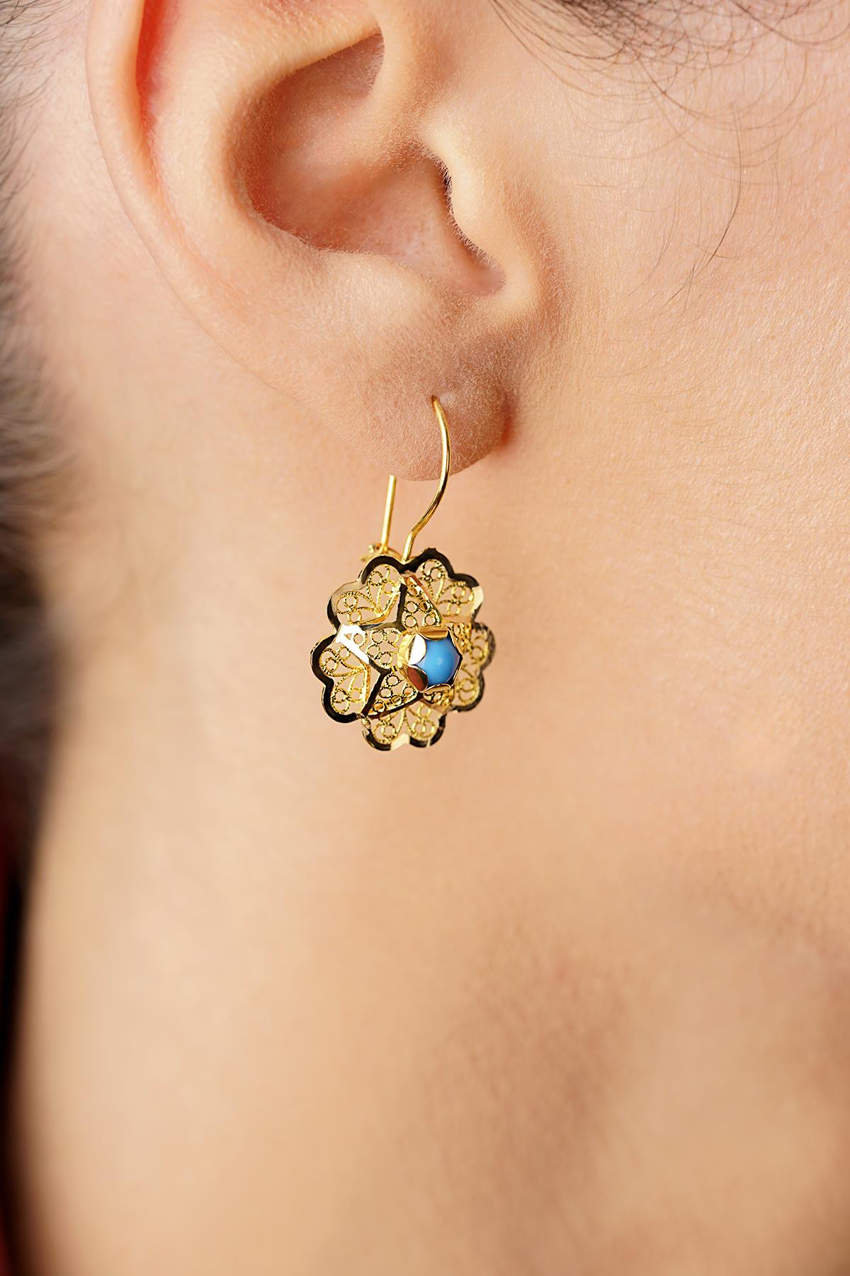 14K Gold Turquoise Filigree Rose Mother's Earrings