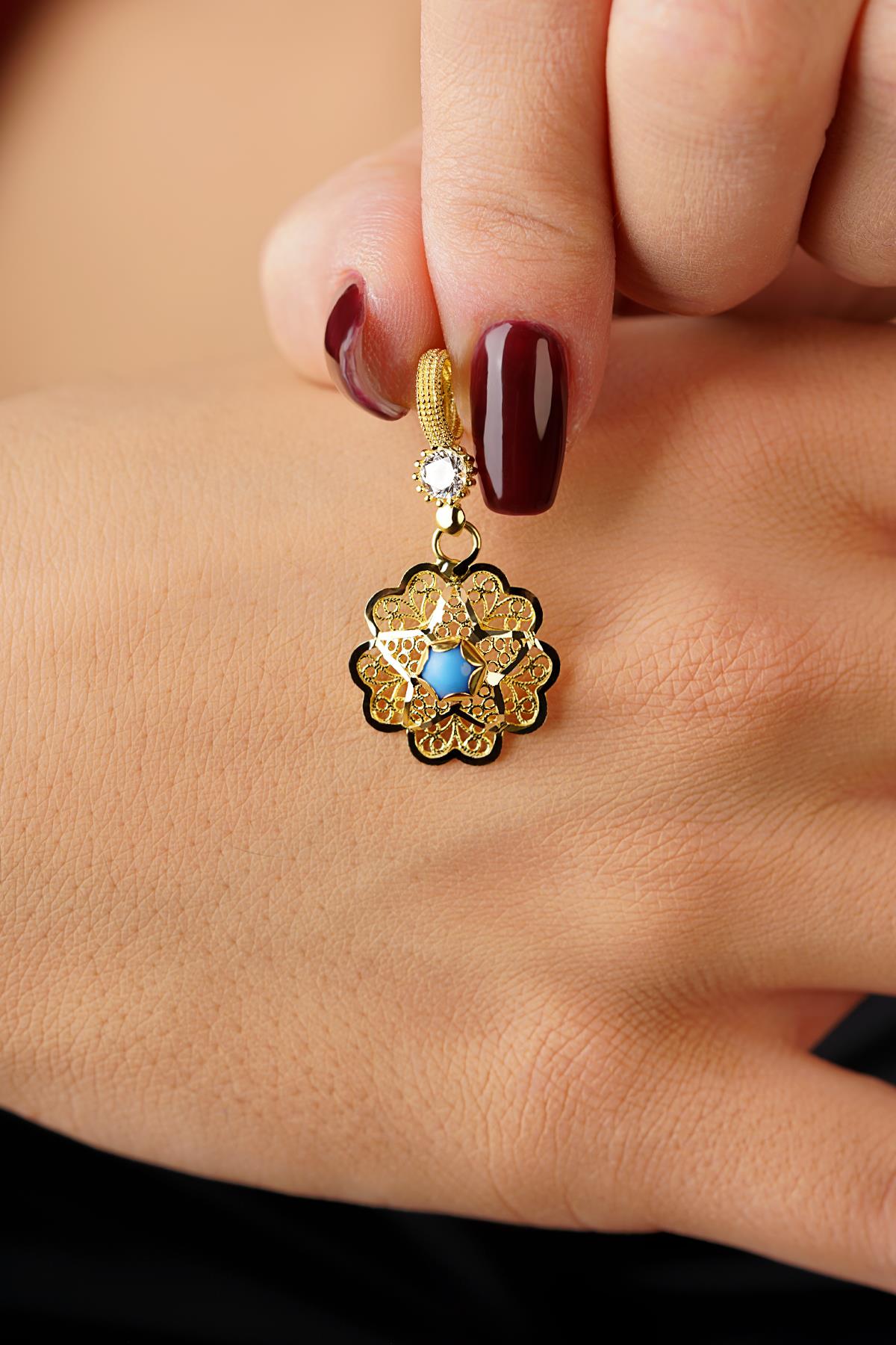 14K Gold Turquoise Filigree Rose Mother's Pendant