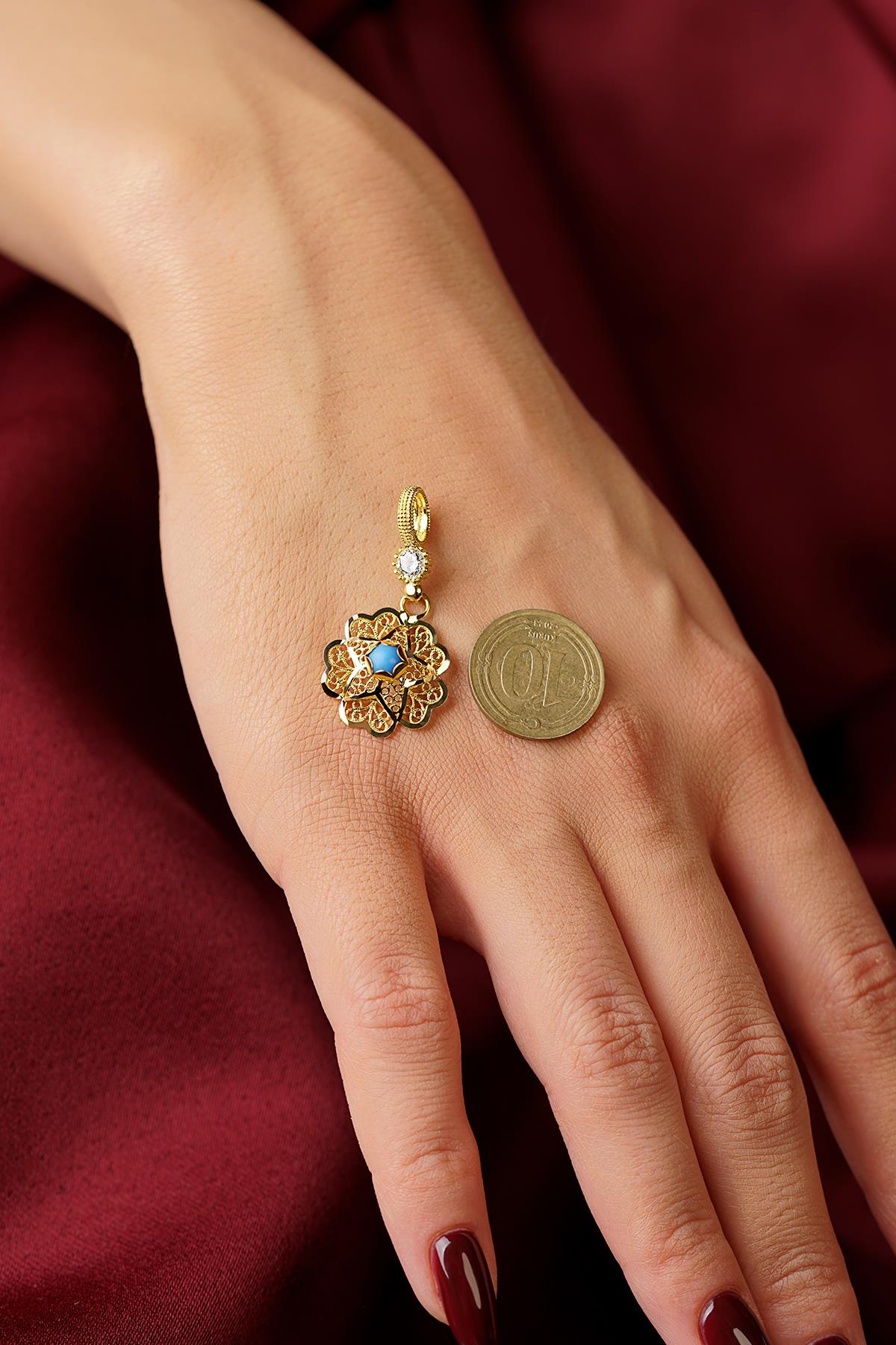 14K Solid Gold Turquoise Filigree Rose Mother's Pendant