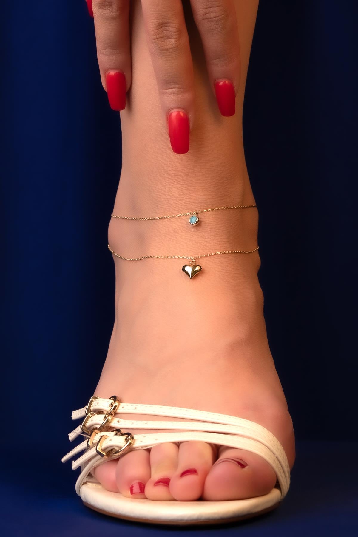 14K Gold Turquoise Heart Anklet