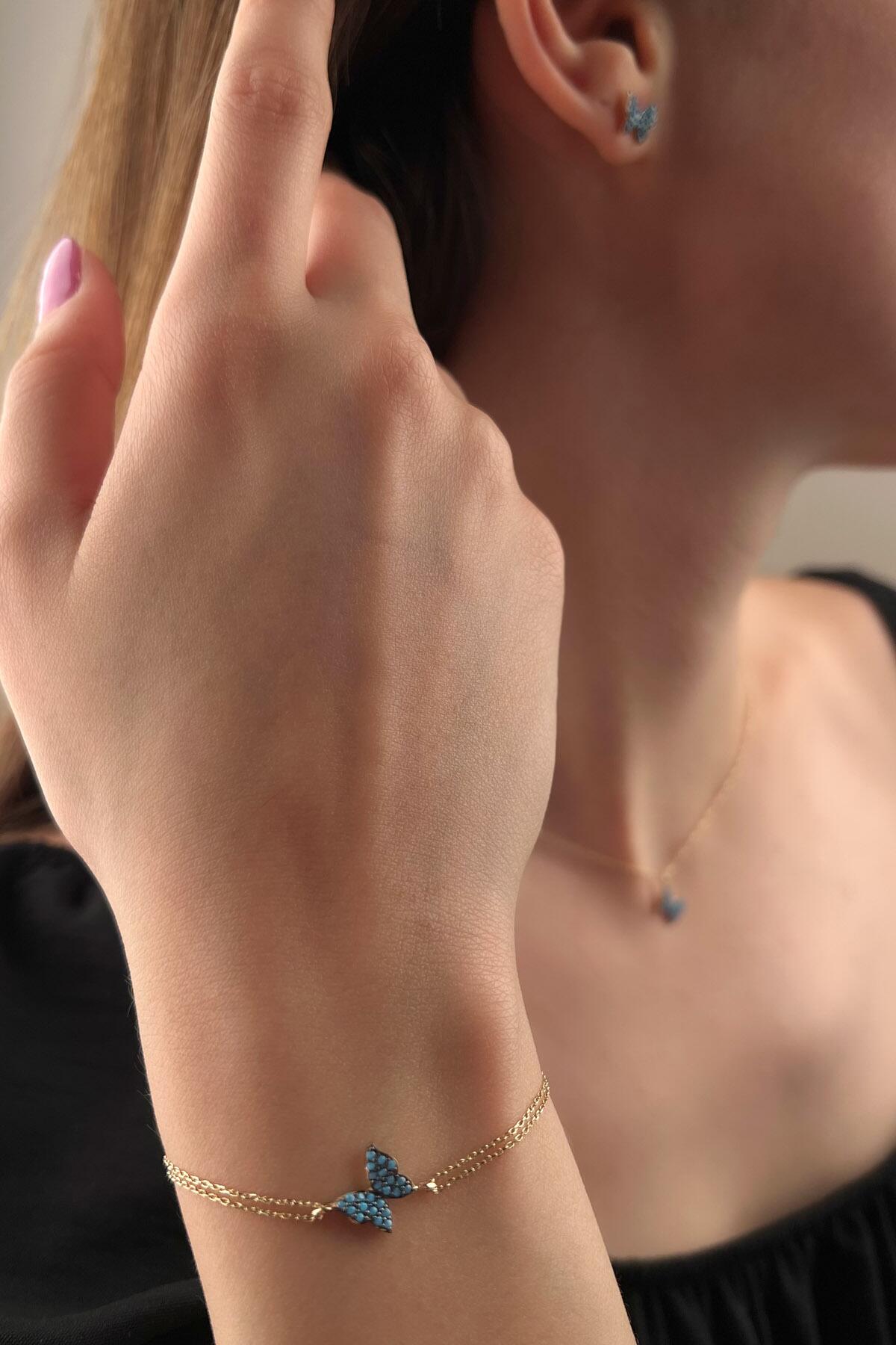 14K Gold Turquoise Stone Butterfly Set