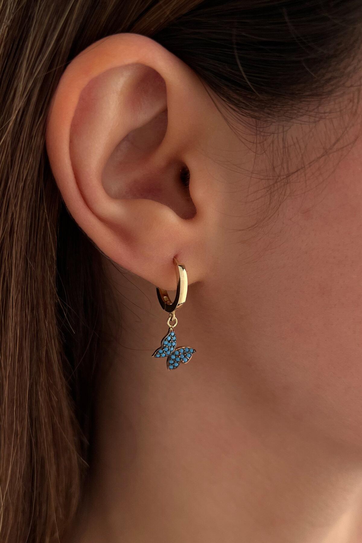14K Gold Turquoise Stone Butterfly Shape Dangle Huggie Earrings