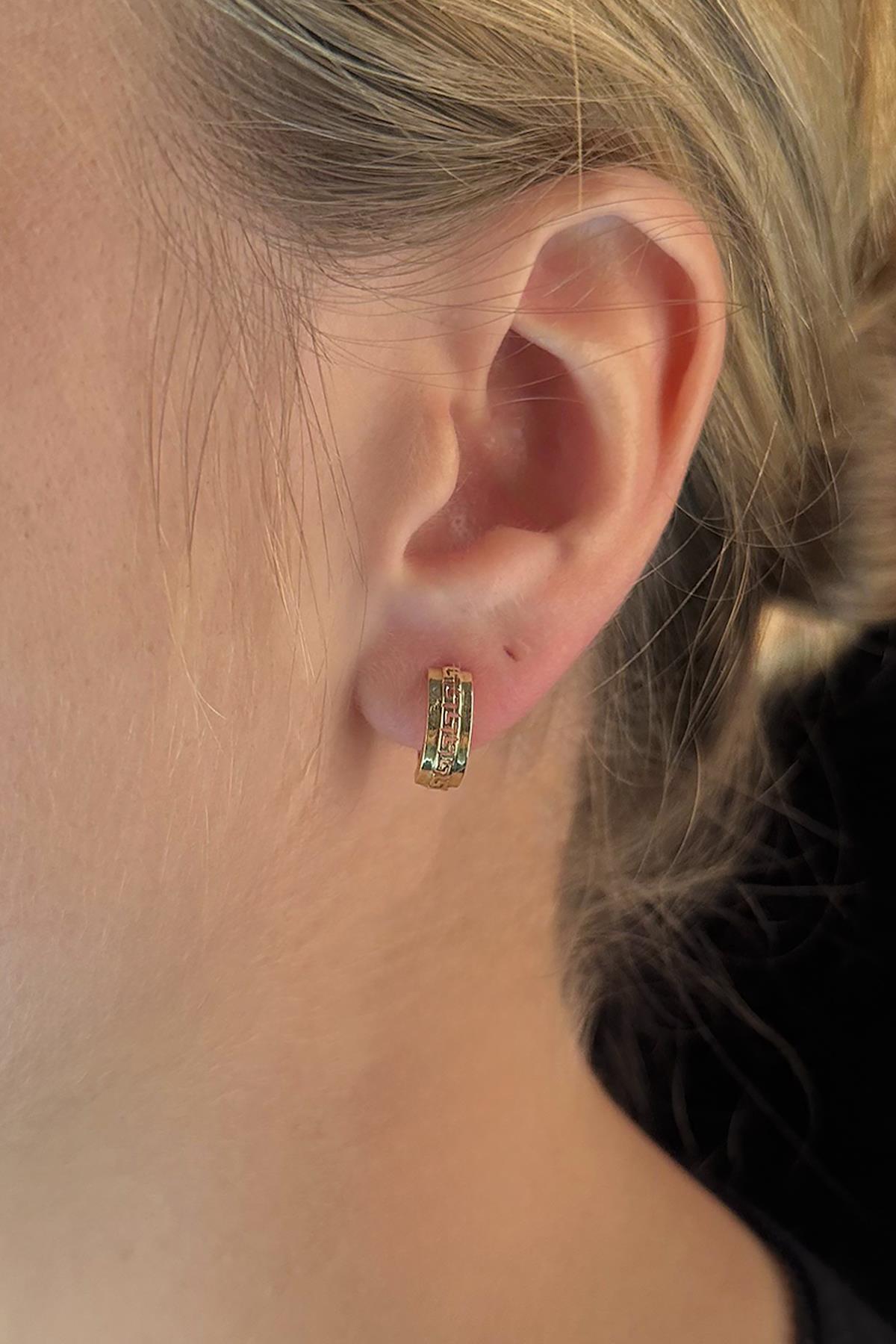 14K Gold Two Tone Greek Key Hoop Eearrings