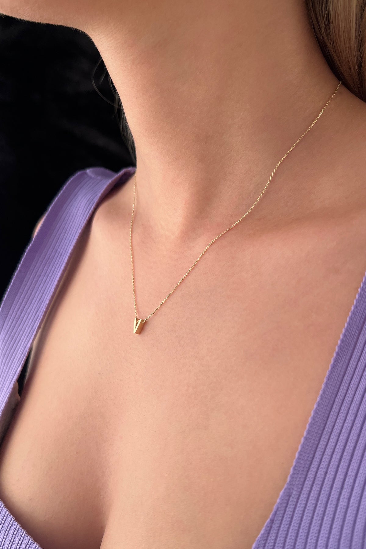 14K Gold V Initial Necklace