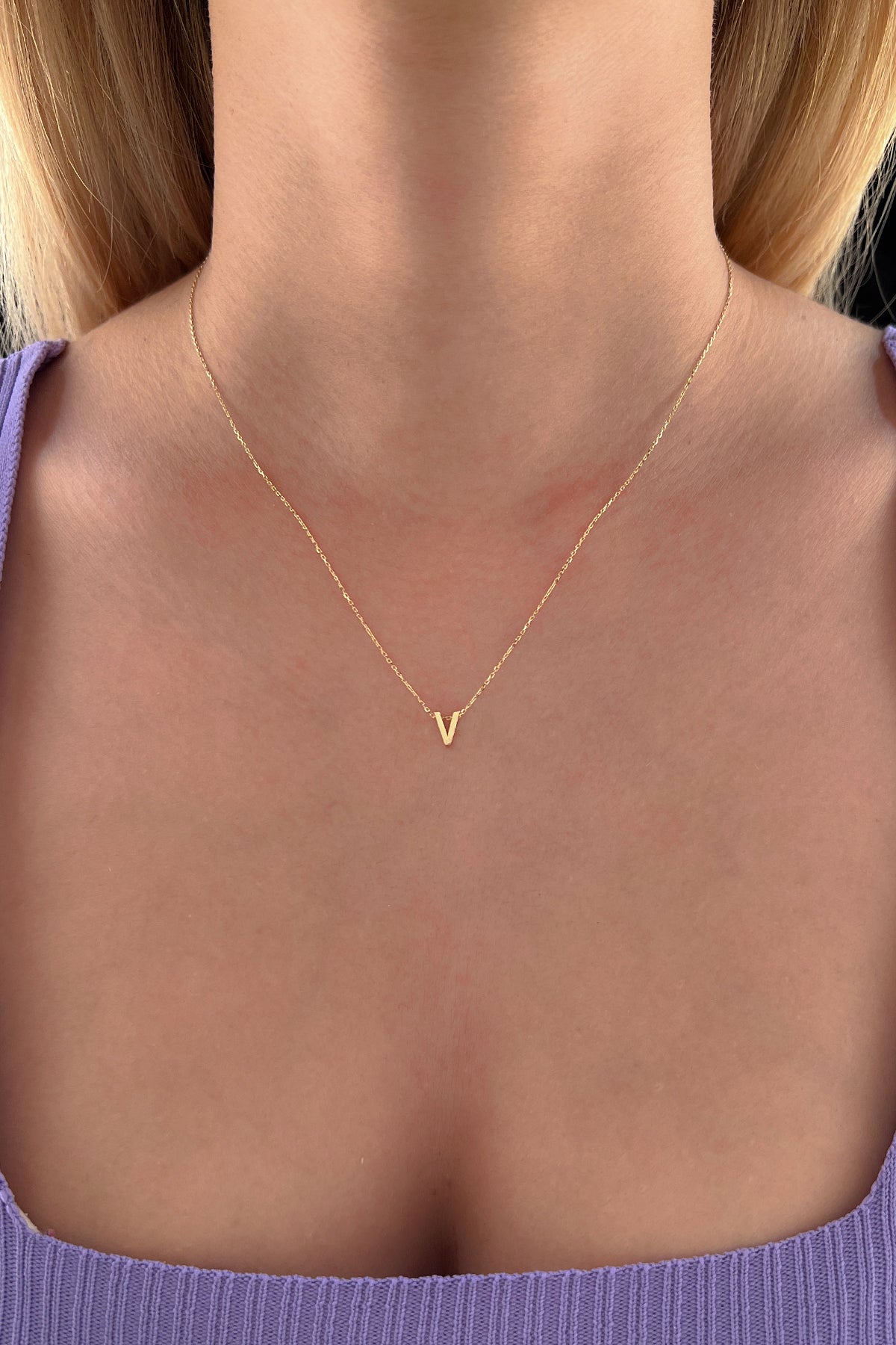 14K Gold V Initial Necklace