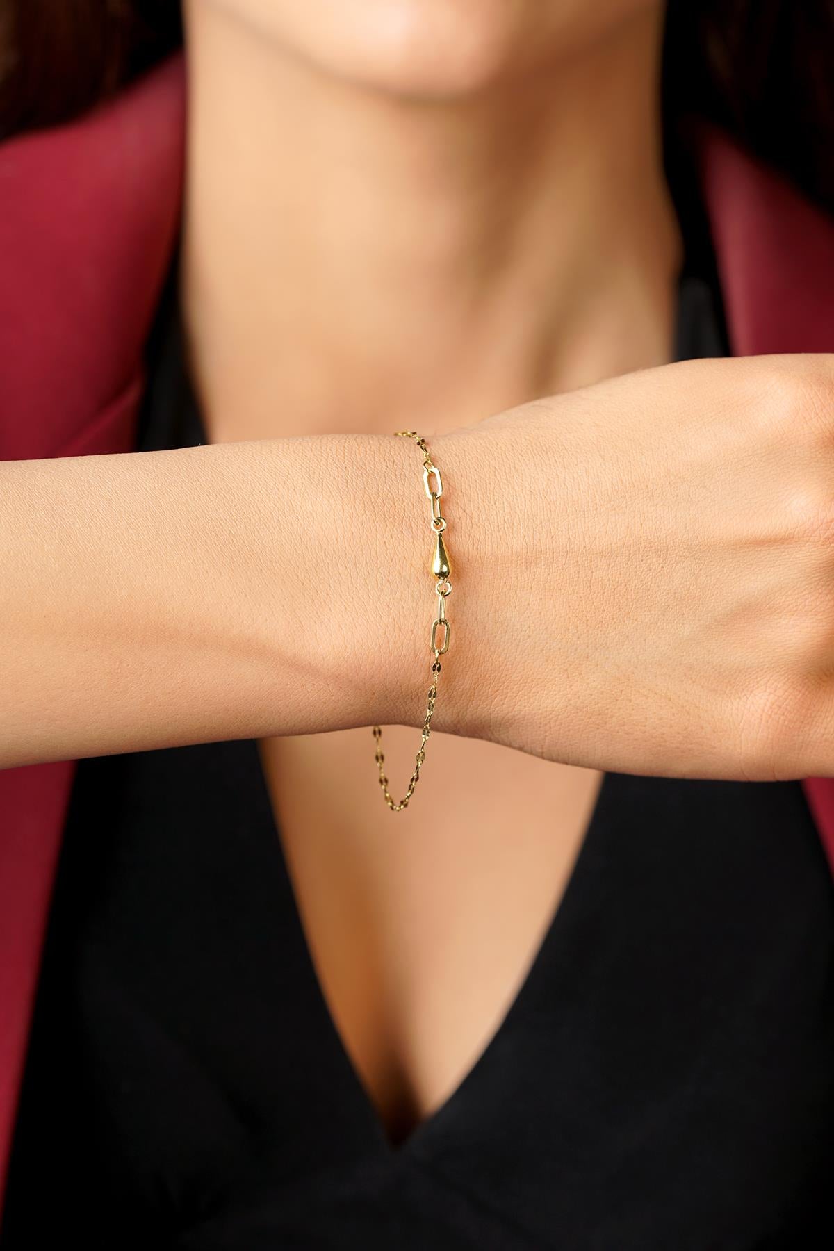 14K Solid Gold Water Drop Charm Mirror Bracelet