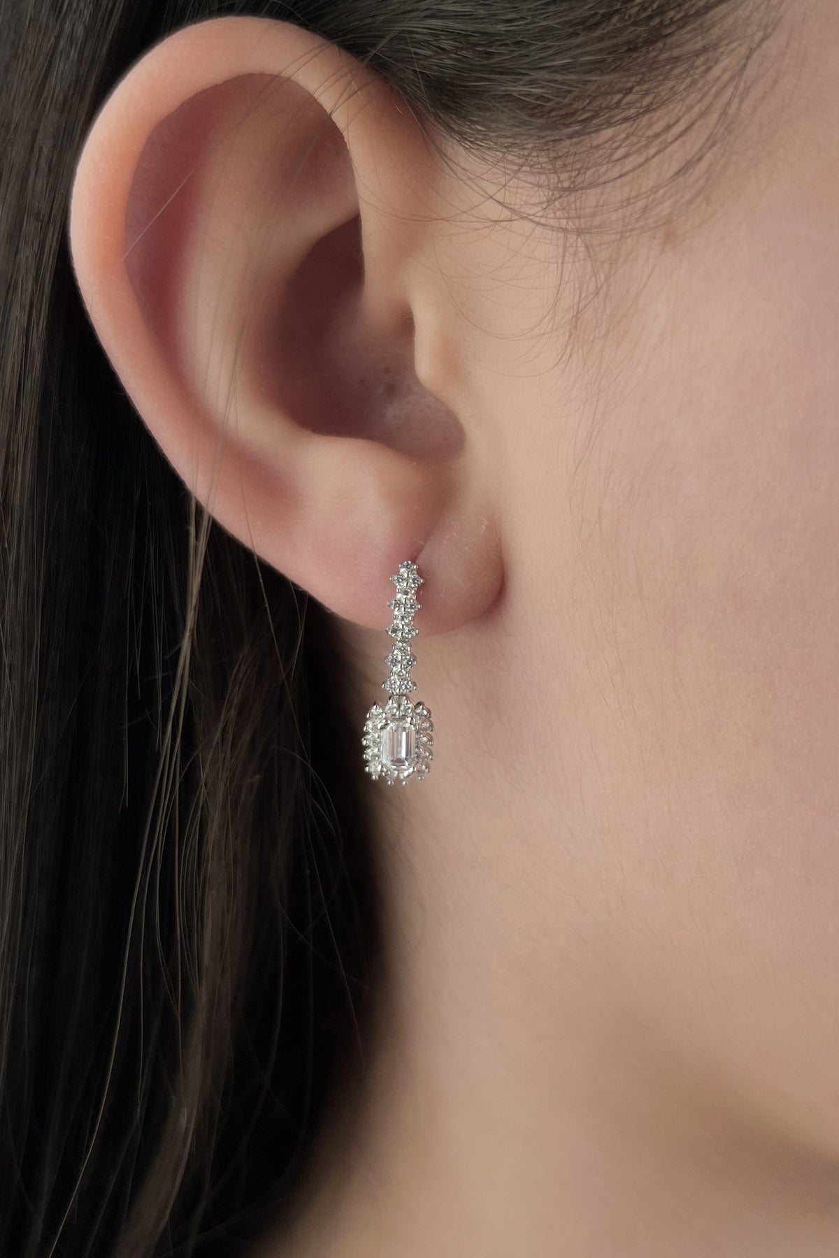 14K Gold White Baguette Stone Drop Earrings