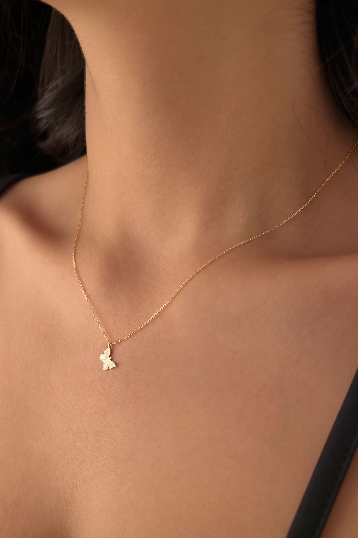 14K Gold White Enamel Butterfly Necklace