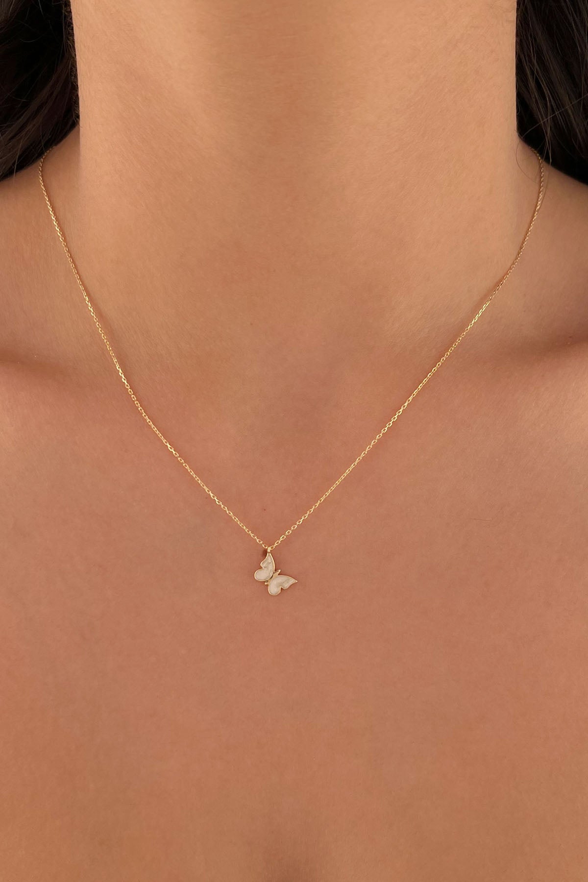 14K Gold White Enamel Butterfly Necklace