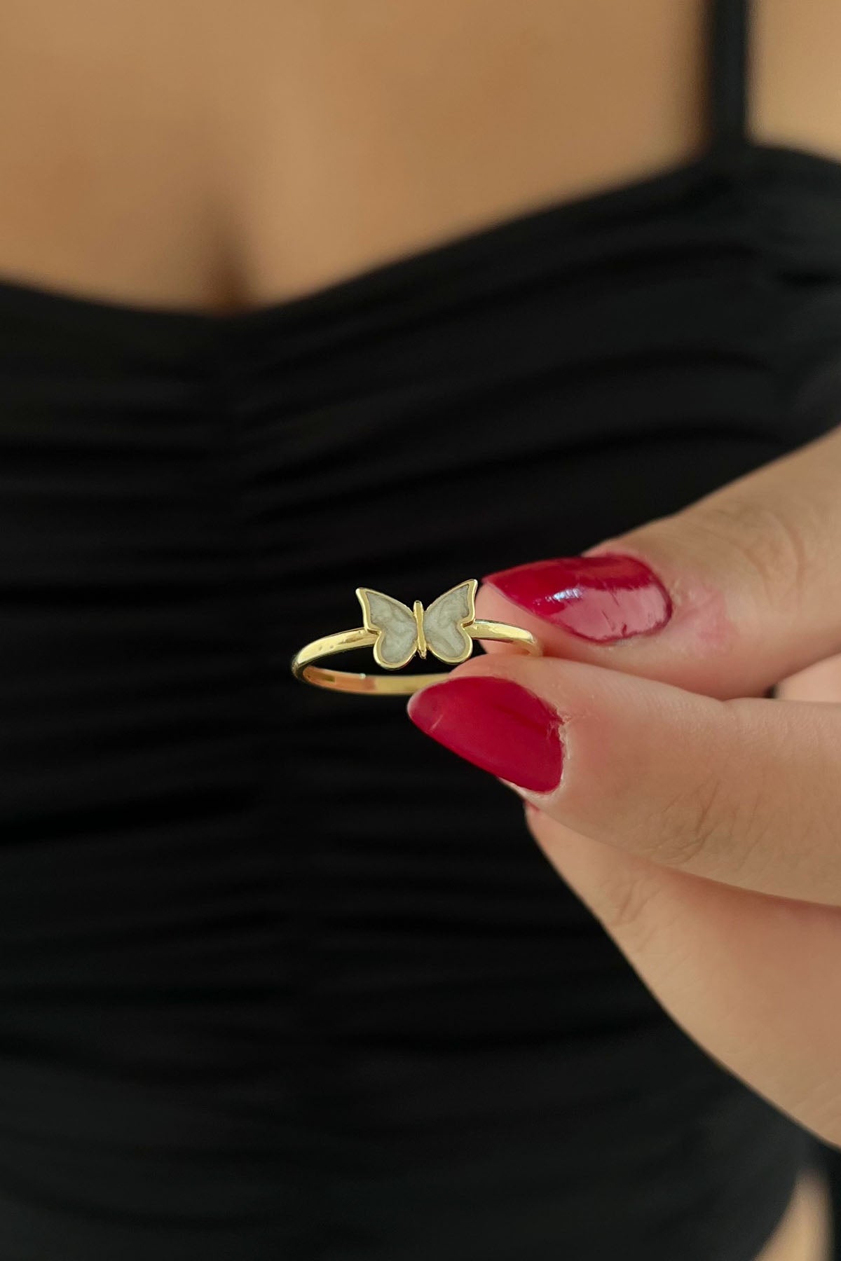 14K Gold White Enamel Butterfly Shape Ring
