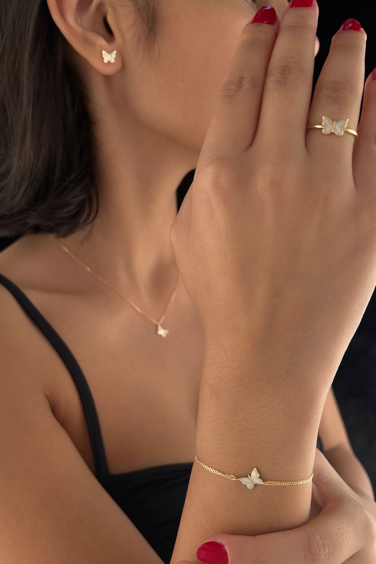 14K Gold White Enamel Butterfly Shape Set