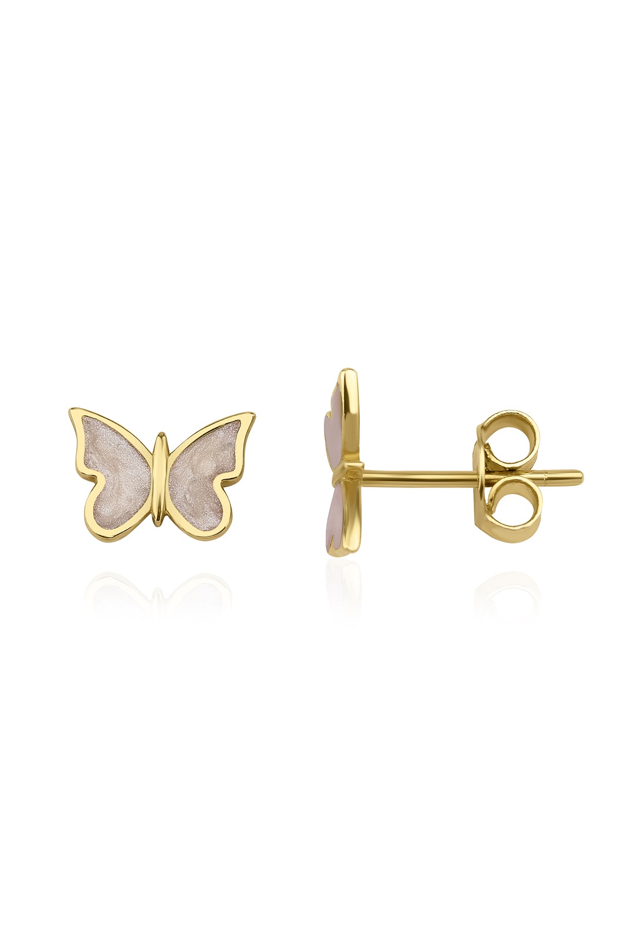 14K Gold White Enamel Butterfly Shape Stud Earrings