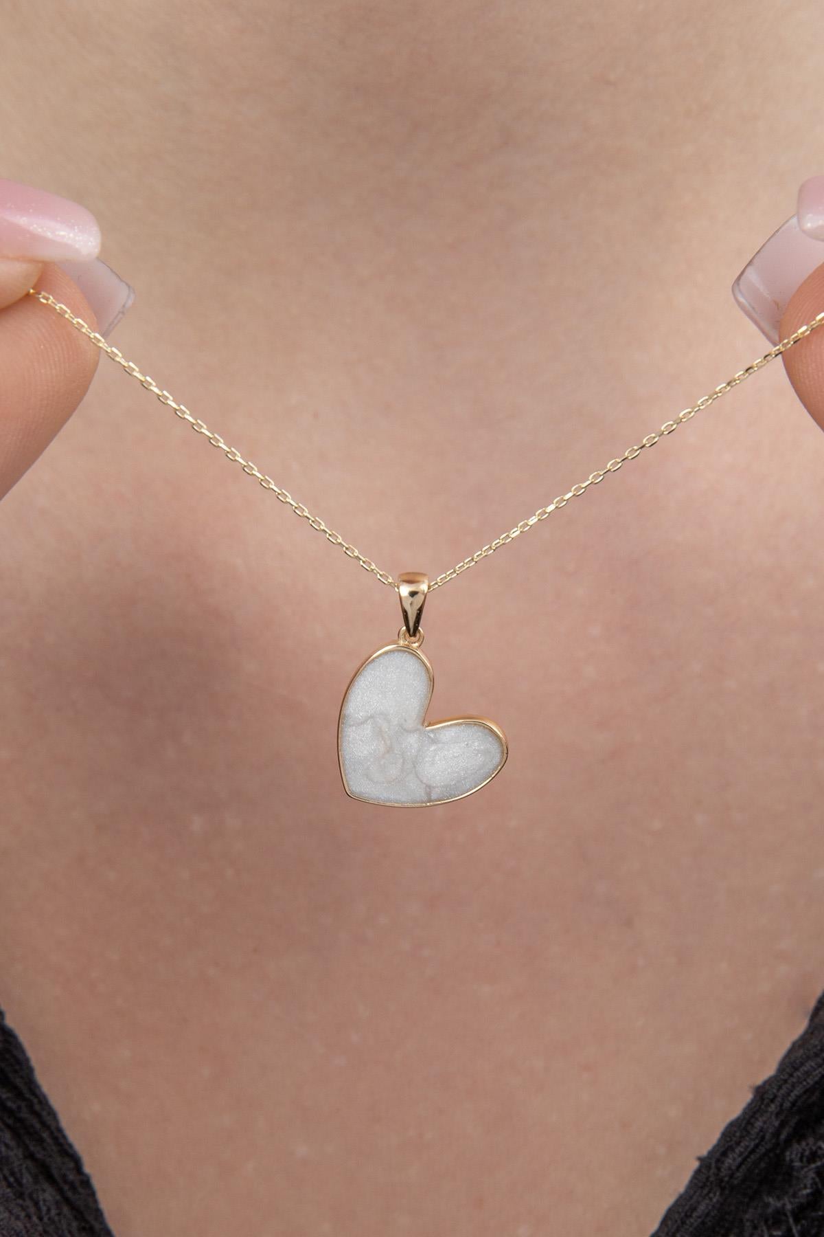 14K Gold White Enamel Heart Shape Necklace