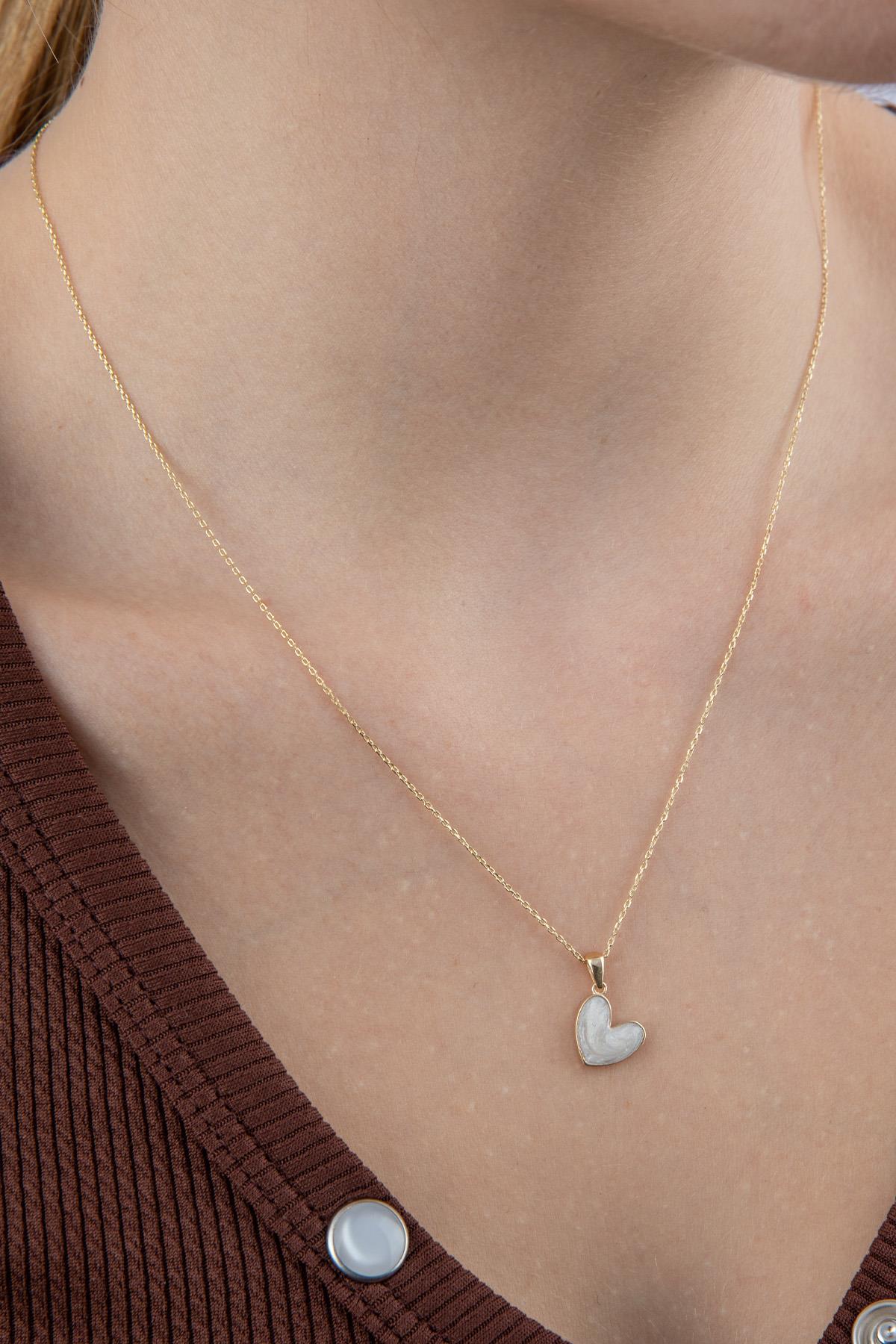14K Gold White Enamel Small Heart Shape Necklace
