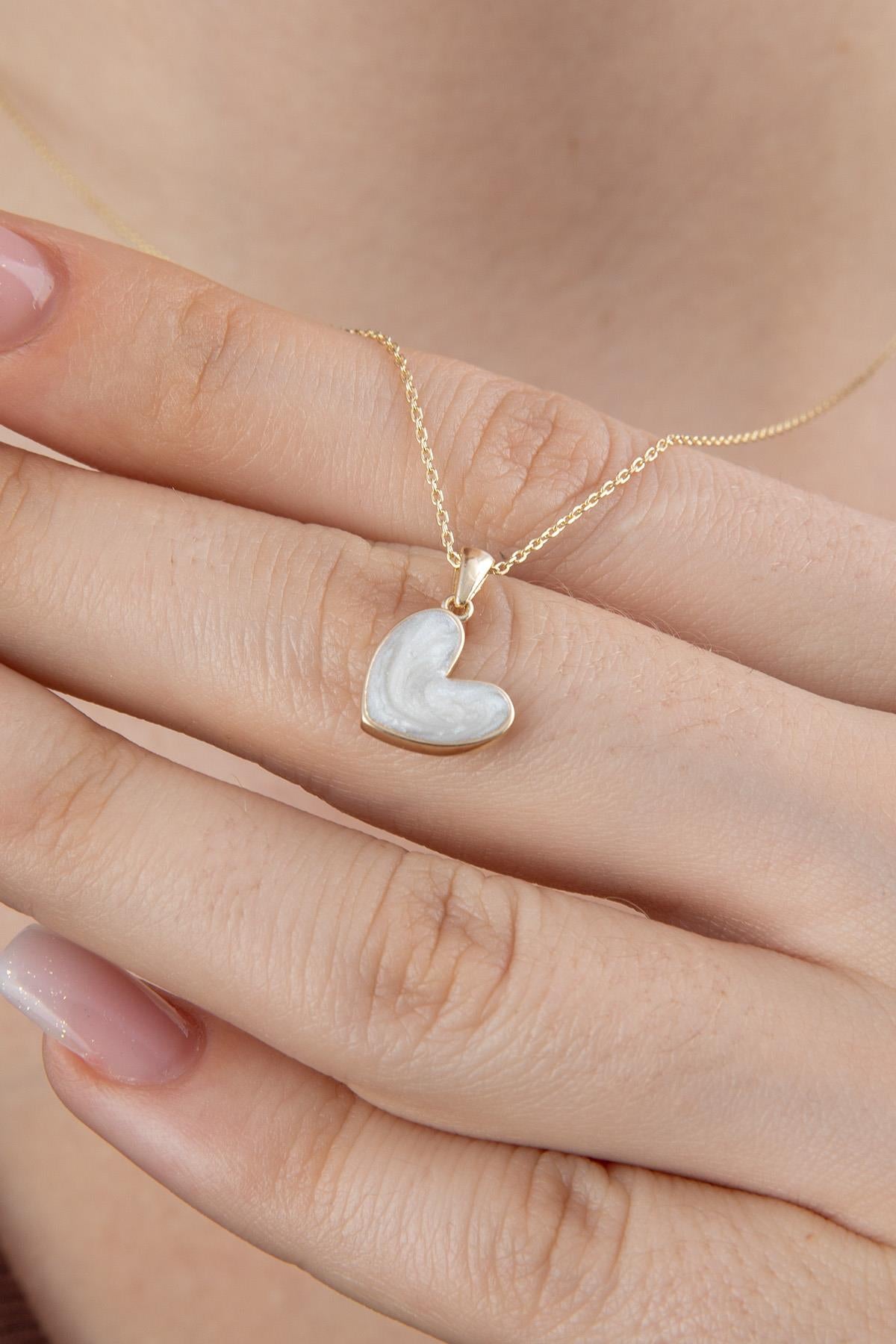 14K Gold White Enamel Small Heart Shape Necklace